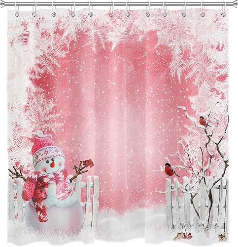 Miniatura 6 de LB Pink Christmas Shower Curtain Sets with Rugs Funny Snowman and Cardinals Winter Snow Scenery Fabric Shower Curtain with Hooks New Year Holiday