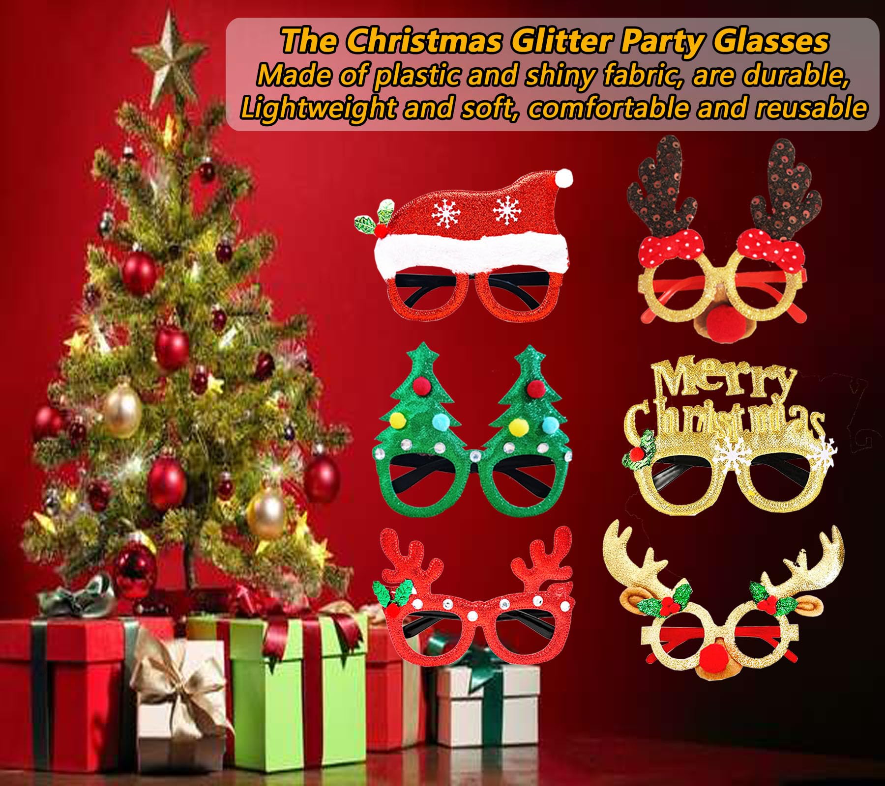 LMSHOWOWO 6 Pieces Christmas Glasses, Glitter Party Glasses Frame, Xmas Novelty Eyeglasses, Fancy Dress Costume Decoration - Image 4