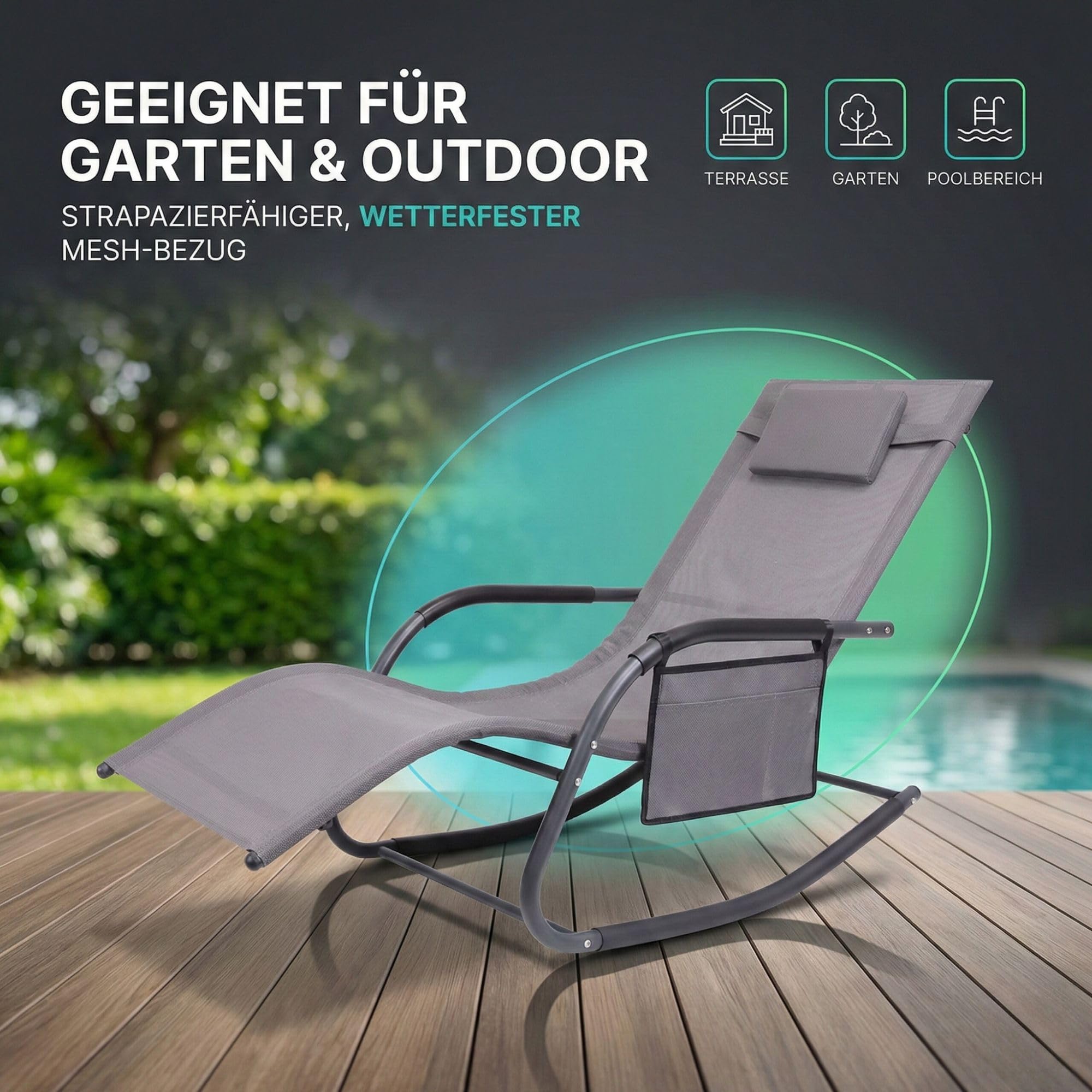 ALBATROS Gartenliege C-Form | Kopfkissen, Seitentasche, 160kg, wetterfest | Relaxliege, Schaukelstuhl, Schwungliege & Sonnenliege, Gartenstuhl, Balkonmöbel Grau, langlebig, für Garten & Terrasse