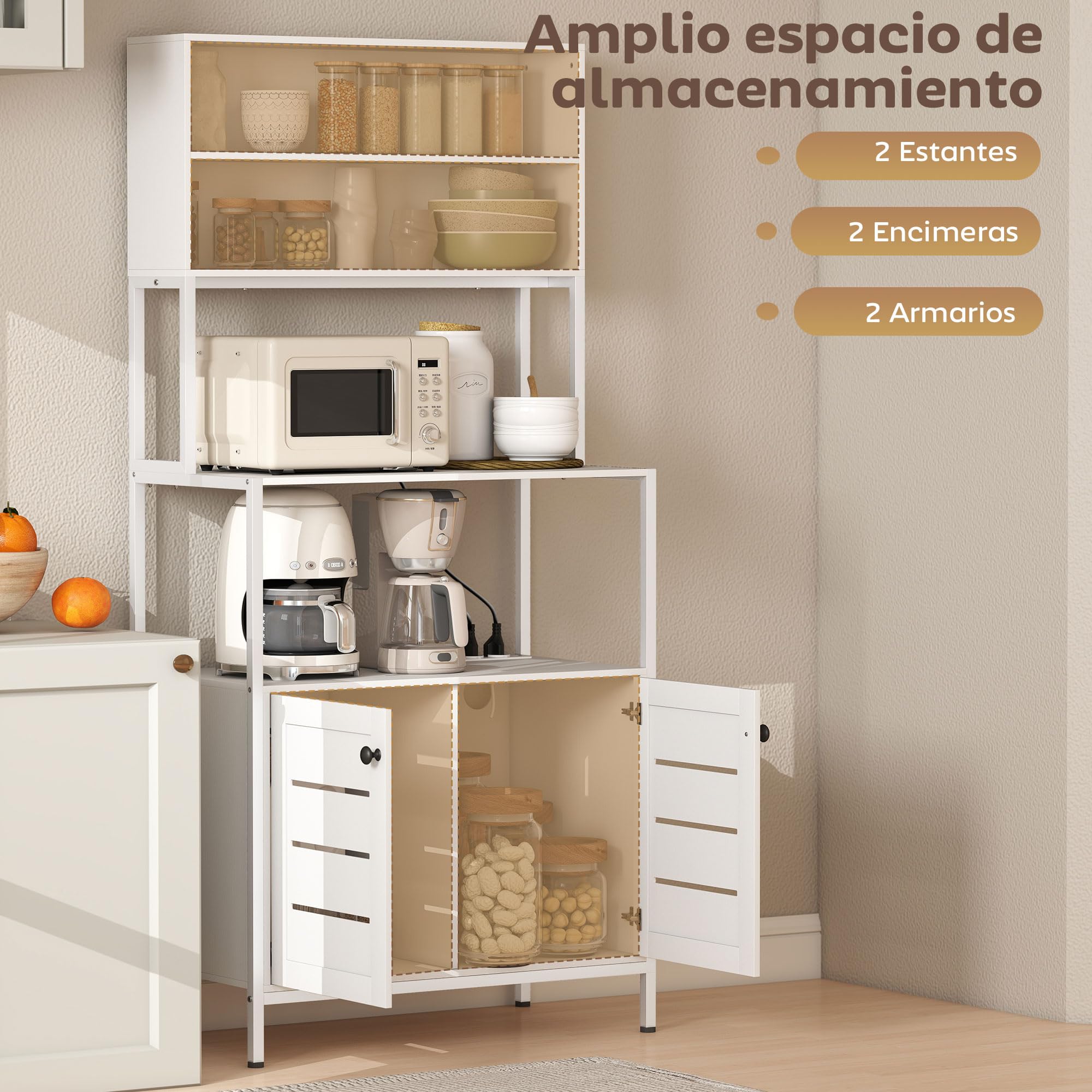 HOMCOM Estantería de Cocina con Toma de Corriente Soporte para Microondas Estante de Cocina con 2 Puertas con Lamas 2 Puertos USB Marco de Acero y Compartimentos para Comedor Salón Blanco