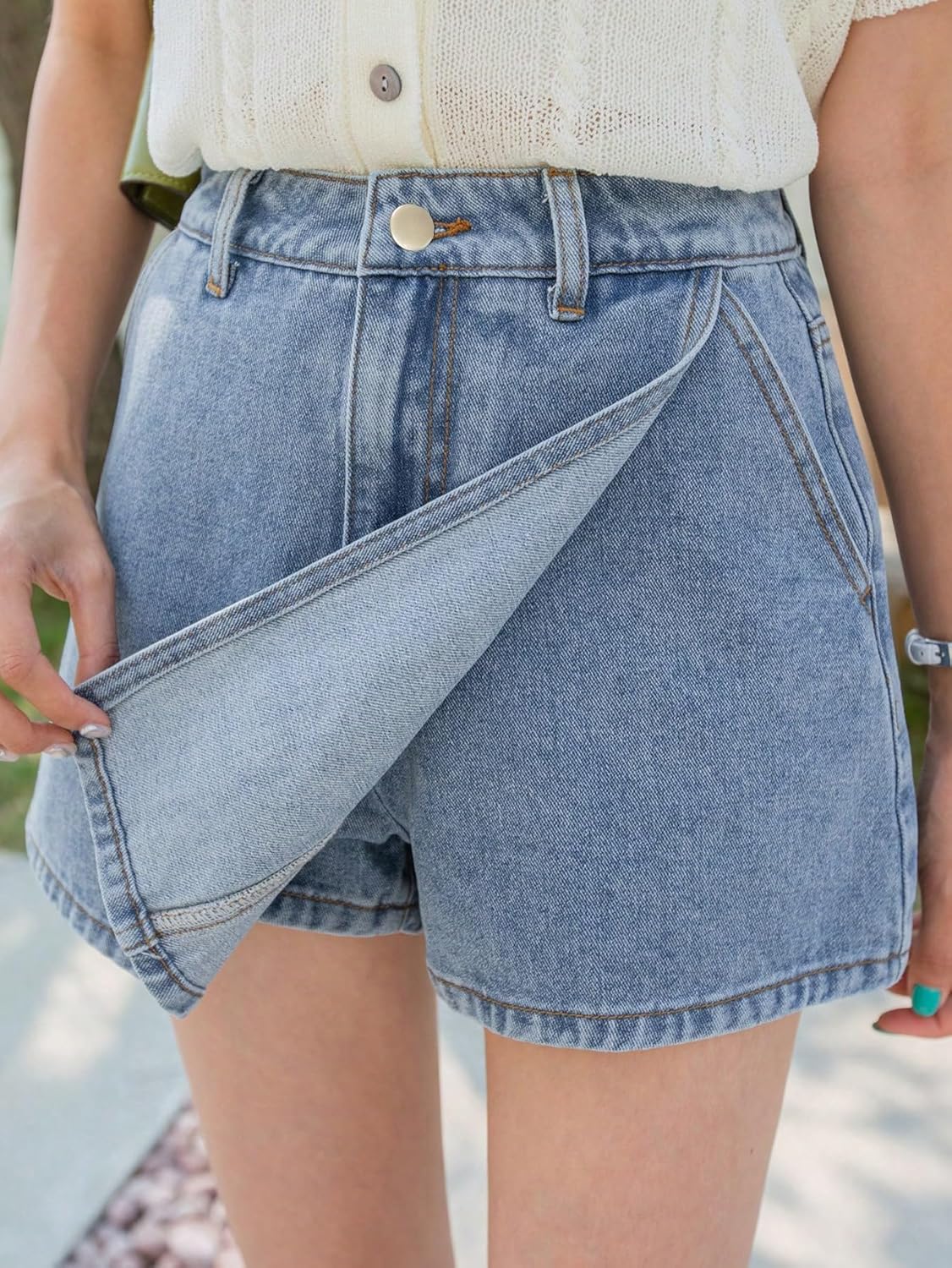 SHENHE Women's High Waisted Denim Skort Wrap Hem Asymmetrical Jean Mini Skirt Shorts - Image 2