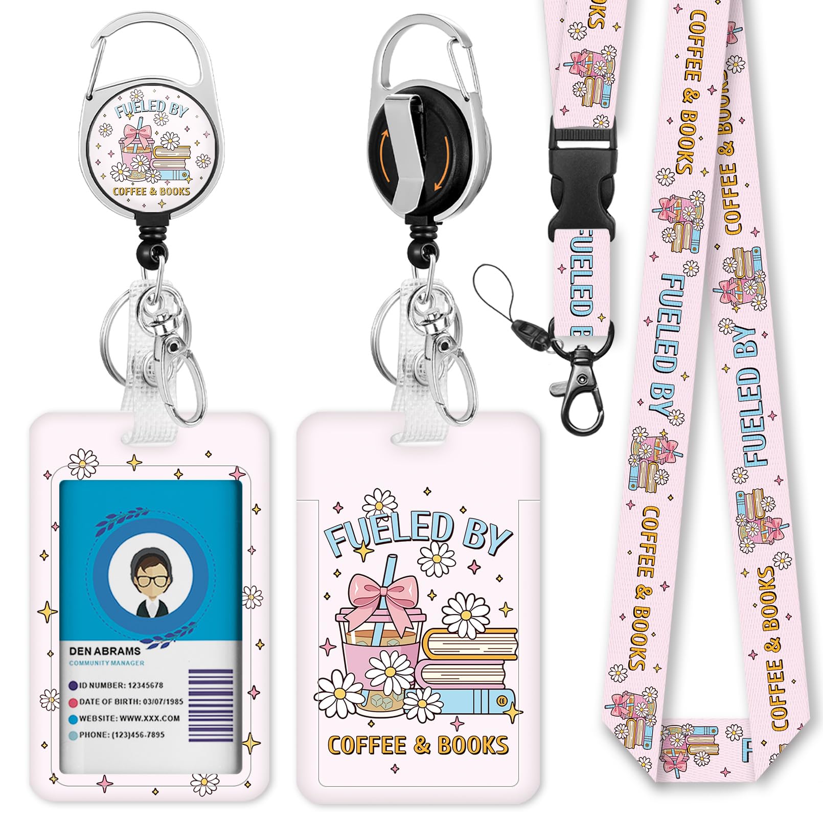 Giancomics Fueled by Coffee Books Lanyard for ID Cards, Funny Badge Holder with Retractable Reel, Cute Teacher Lanyard with Keychain, Key Clip, Carabiner โ image 1
