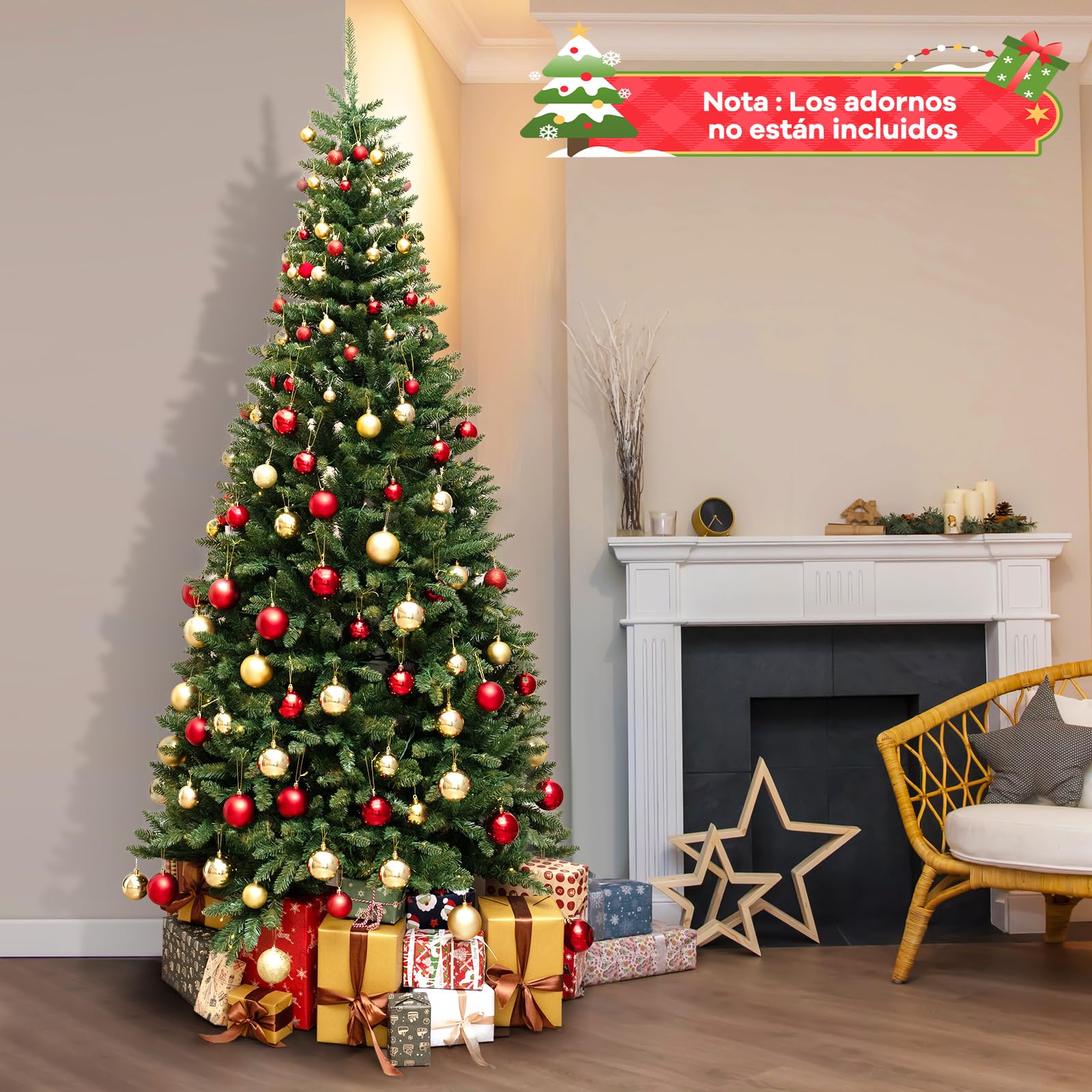 COSTWAY Árbol de Navidad Artificial Verde 240 cm, arbol de Navidad con Luces Incorporadas, 1137 Ramas de PVC, 360 Luces LED, 270° de Esquina, Arvore de Natal Hogar Oficina Fiesta