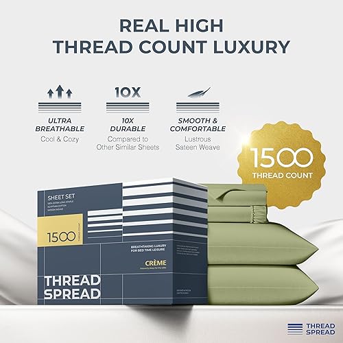 Miniatura 48 de THREAD SPREAD Sábanas 100% de algodón egipcio, tamaño Queen, 1500 hilos, 4 piezas, algodón egipcio, sábanas de lujo de tejido satinado, sábanas