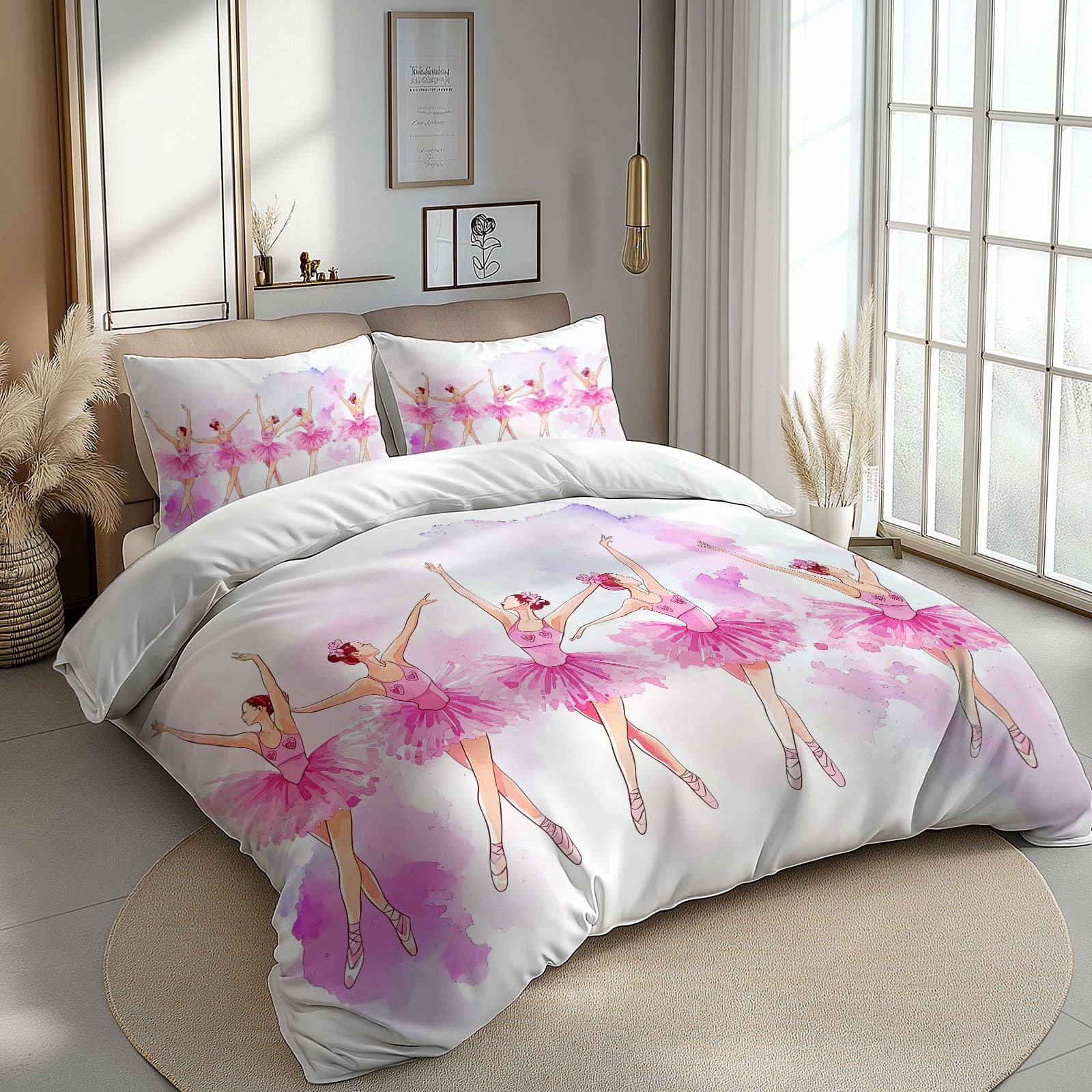Zestaw poszewek na kołdrę 260 x 240 cm akwarela baletowa zestaw pościeli 2-osobowej i 2 poszewki na poduszki 65x65 cm, 100% komplet pościeli z mikrofibry z zamkiem błyskawicznym, biały