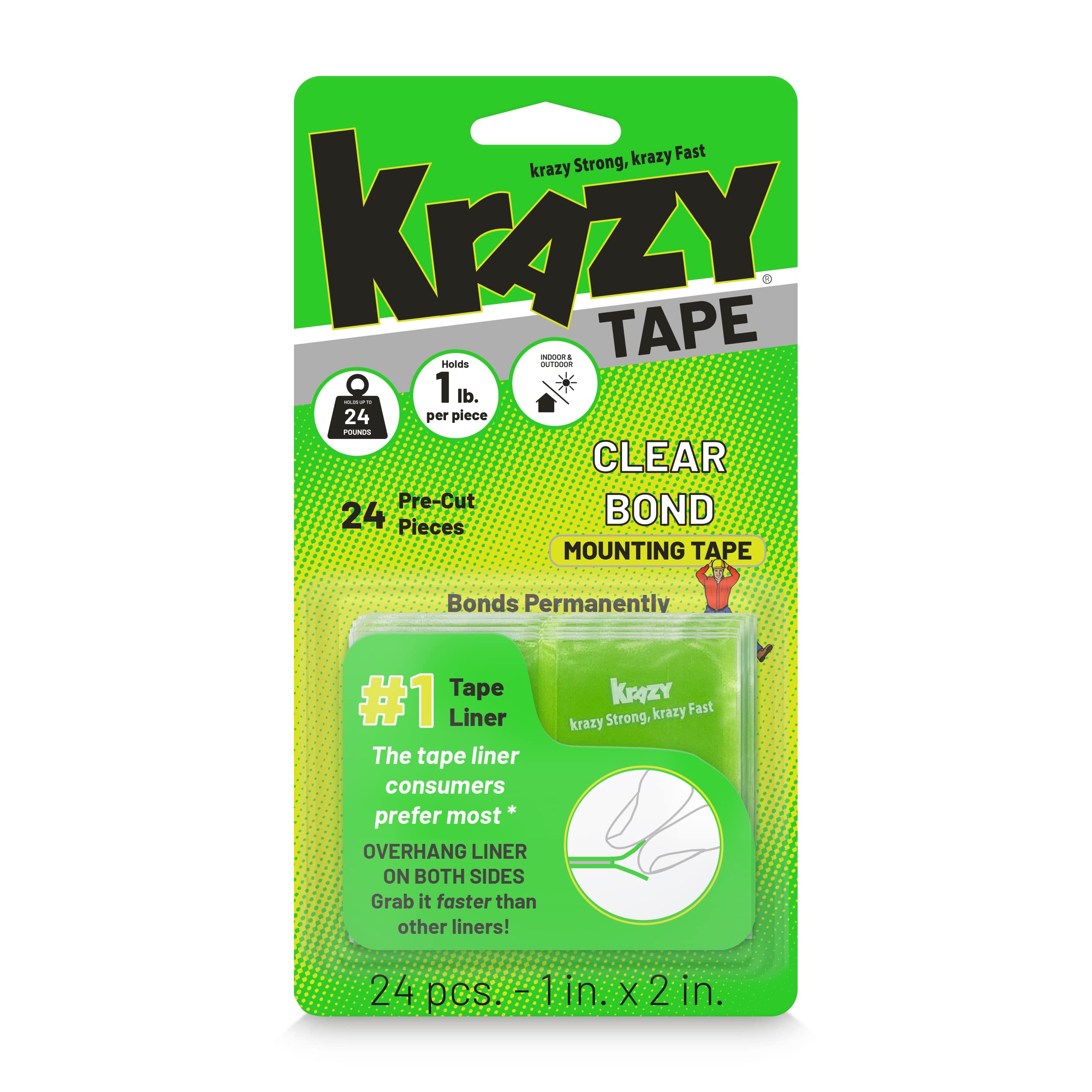 KrazyTape Clear Bond Double Sided Mounting Tape, 1"x2", Pack of 24 Pre-Cut Pieces, Easy Lift Transparent Adhesive Strips for Glass, Leather, Metal, Drywall & Wood Surfaces, Indoor & Outdoor Use