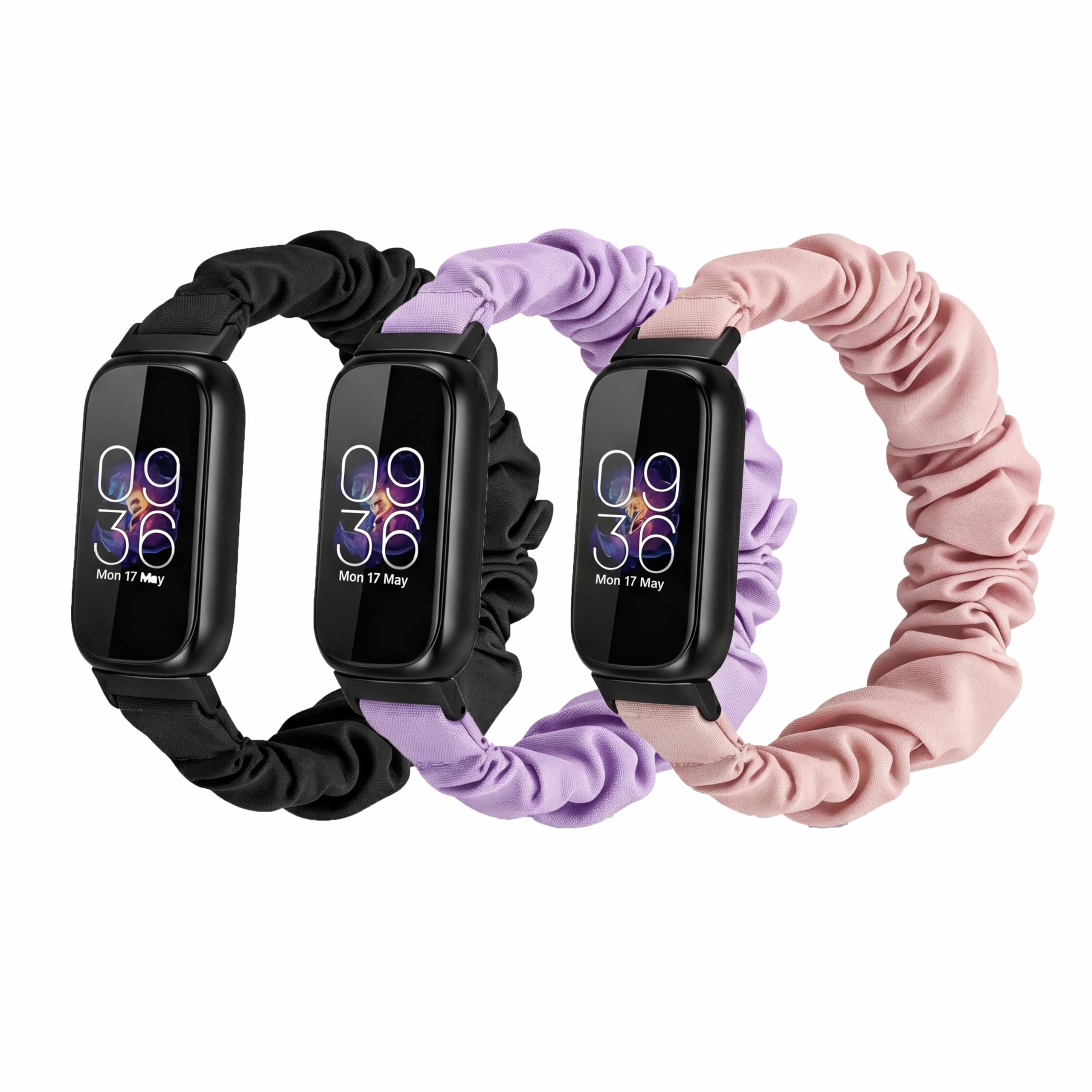 Photo 1 of 3 Pack Compatible with Fitbit Inspire 3 Bands, Scrunchie Stretchy Strap Cute Elastic Sport Replacement Fabric Cloth Wristband for Women (Black+Purple+Pink sand, Small)