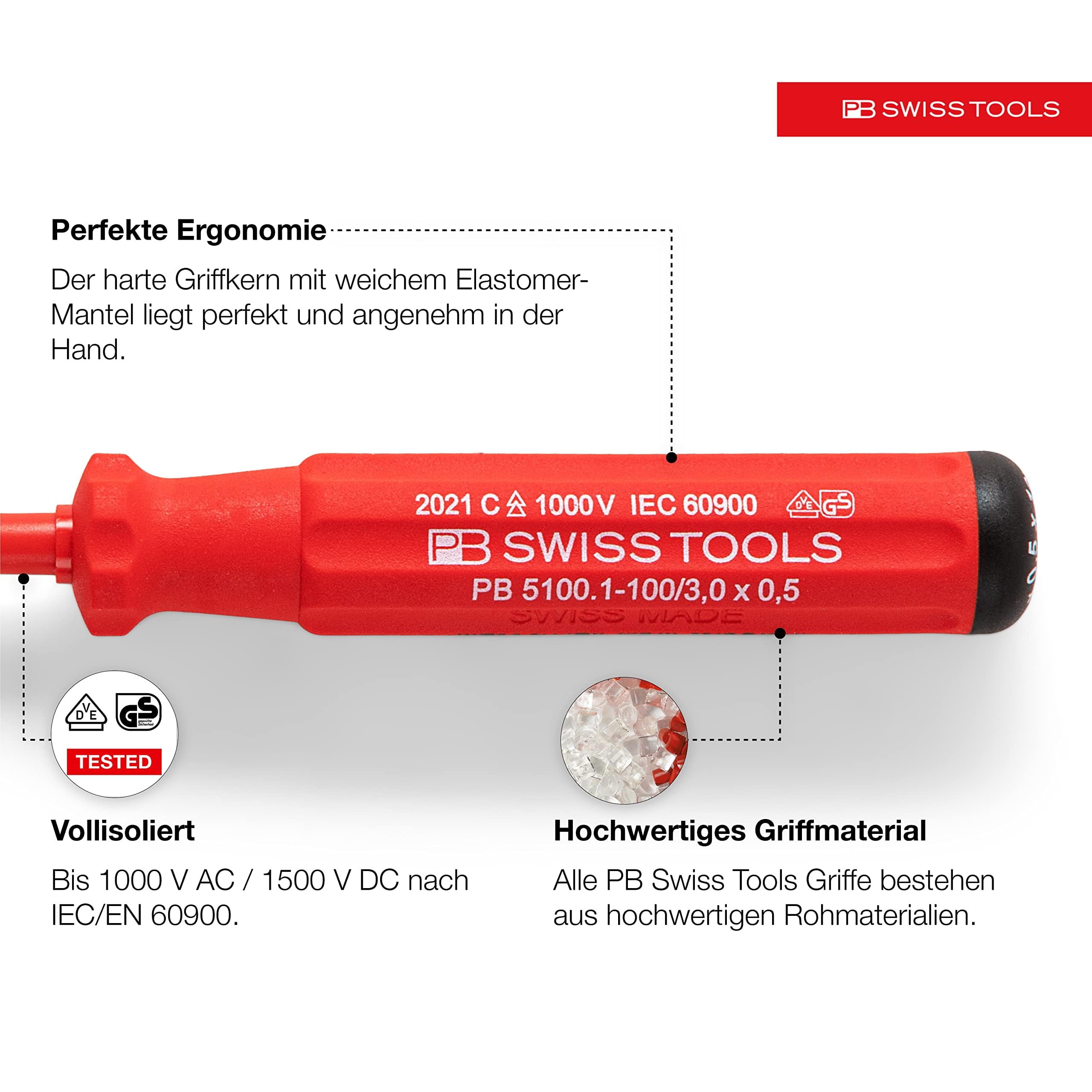 PB Swiss Tools Schlitz VDE Schraubendreher Set PB 5538 | 100% Swiss Made | 5-teiliges Elektro Schraubendreher Set Schlitz 0/1/2/3/4/5 isoliert bis 1000V AC / 1500V DC