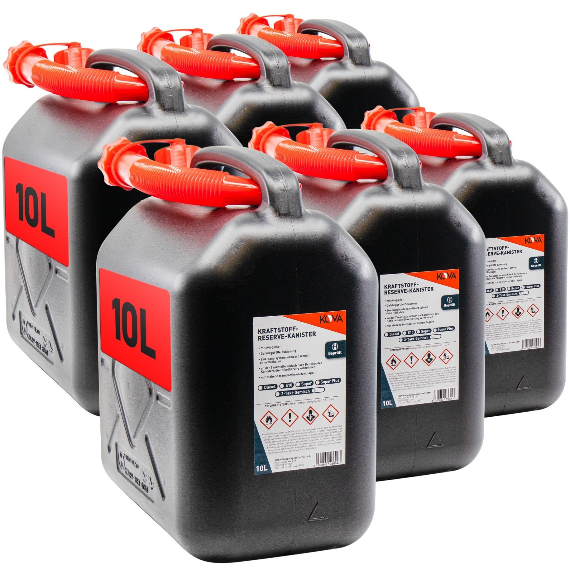 6x Benzinkanister 10L SCHWARZ Dieselkanister Reservekanister Kraftstoffkanister 10 Liter Wasserkanister für Benzin Diesel Wasser AdBlue, 10-Liter-Kanister mit Außgießer 10 ltr Petrol Can