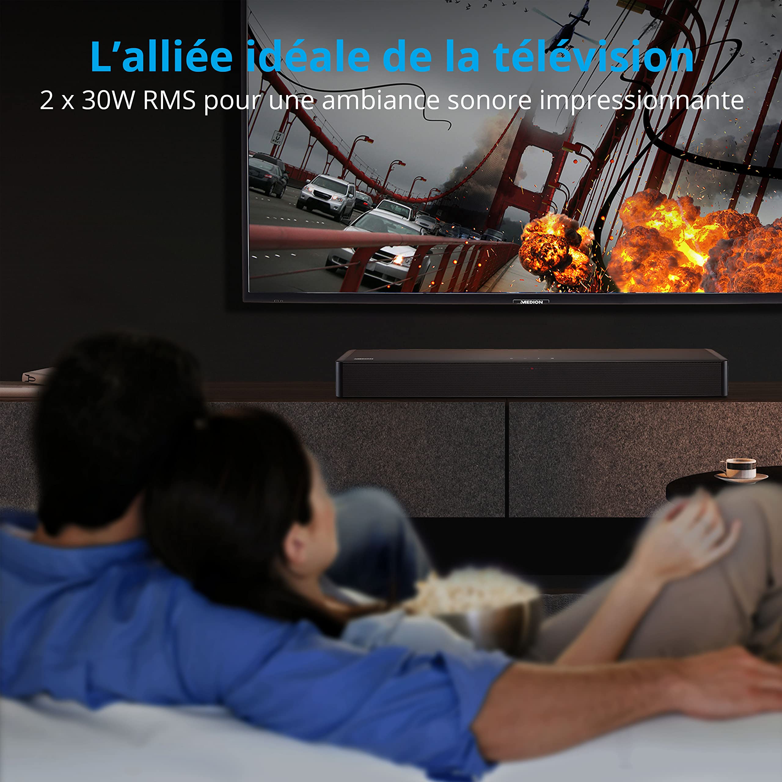 MEDION P61155 Barre de Son TV 2.0 avec Bluetooth (HDMI Arc, entrée Optique, 2 x 30 W RMS, contrôle Tactile, télécommande Incluse, kit de Montage Mural)