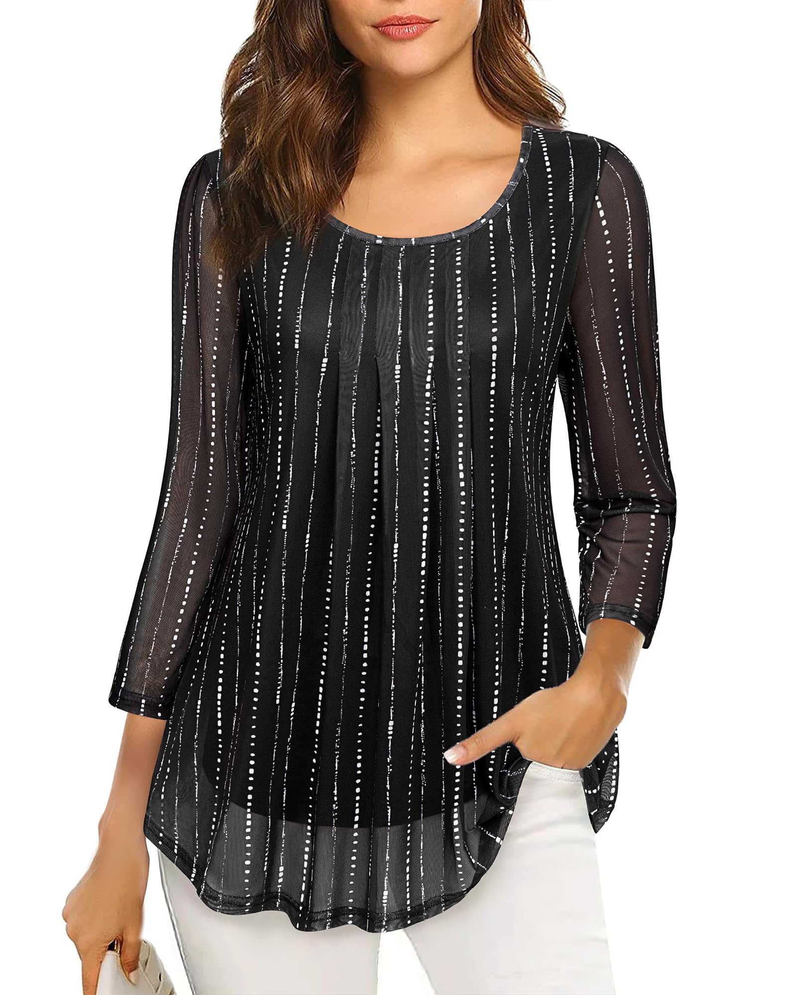 VALOLIAWomen's 3/4 Sleeve Tunic Tops Casual Loose Fit Floral Blouses Mesh Pleated Layered Shirt