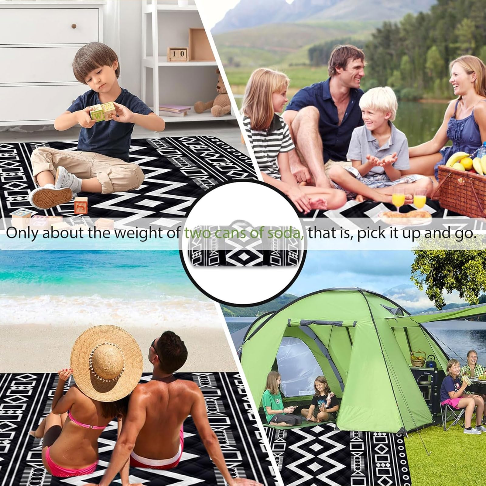 Coperte Picnic Impermeabili Pieghevoli Esterni Grandi Anti Sabbia Spiaggia Per Campeggio Escursioni Viaggi Parchi Concerti-Black