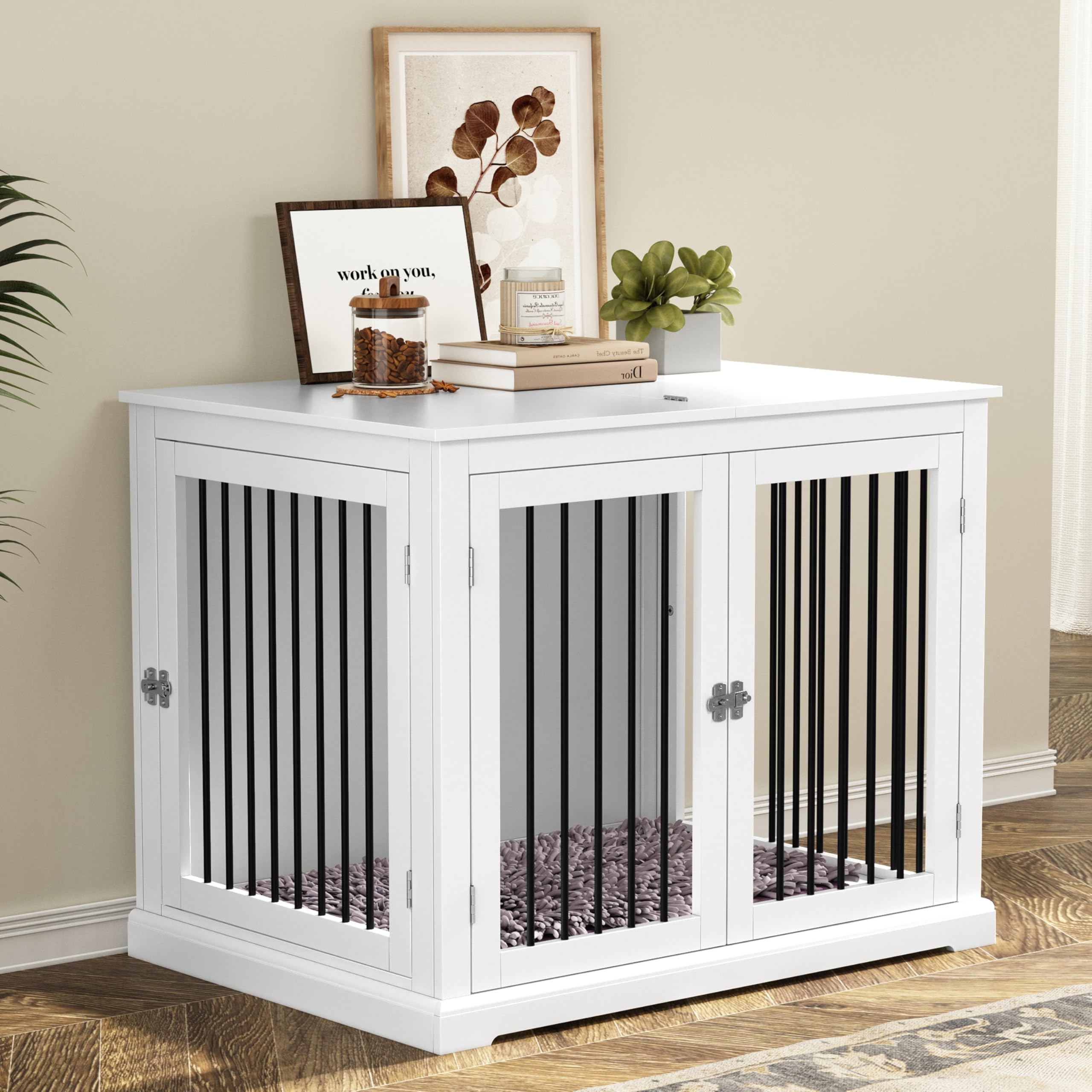HOLTICO Mueble Jaula para Perros Grandes,Tapa Abatible,Tubos de Metal Antimordeduras,Doble Puerta,Incluye Cojín,Interiores,Mesa Auxiliar Salón,98x71.2x79cm,Blanco