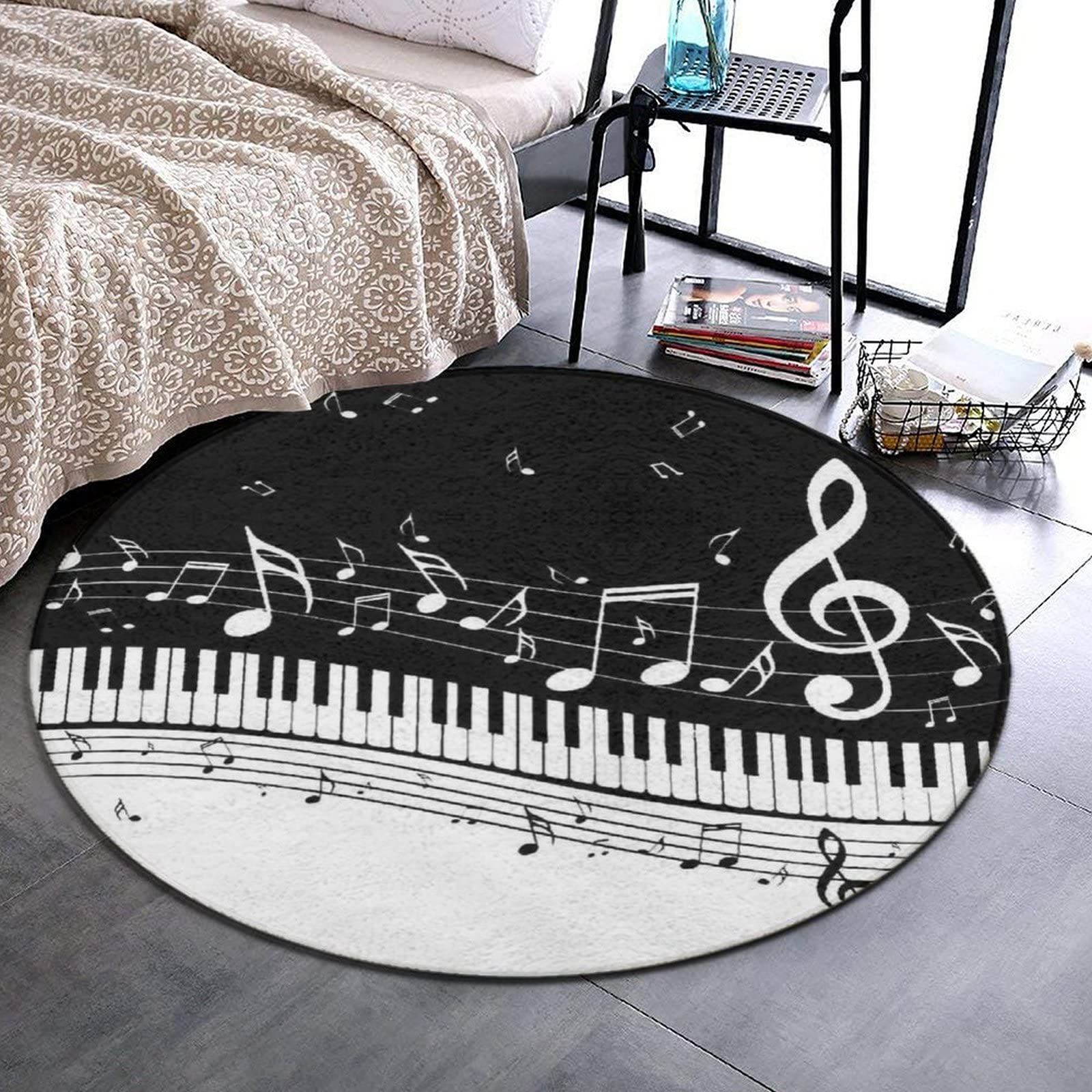 Fashion Round Area Rug Soft Flannel Throw Rugs Non-Slip Floor Carpet Home Decor for Living Room Bedroom Office, Piano Keys with Musical Notes, 24 Inch