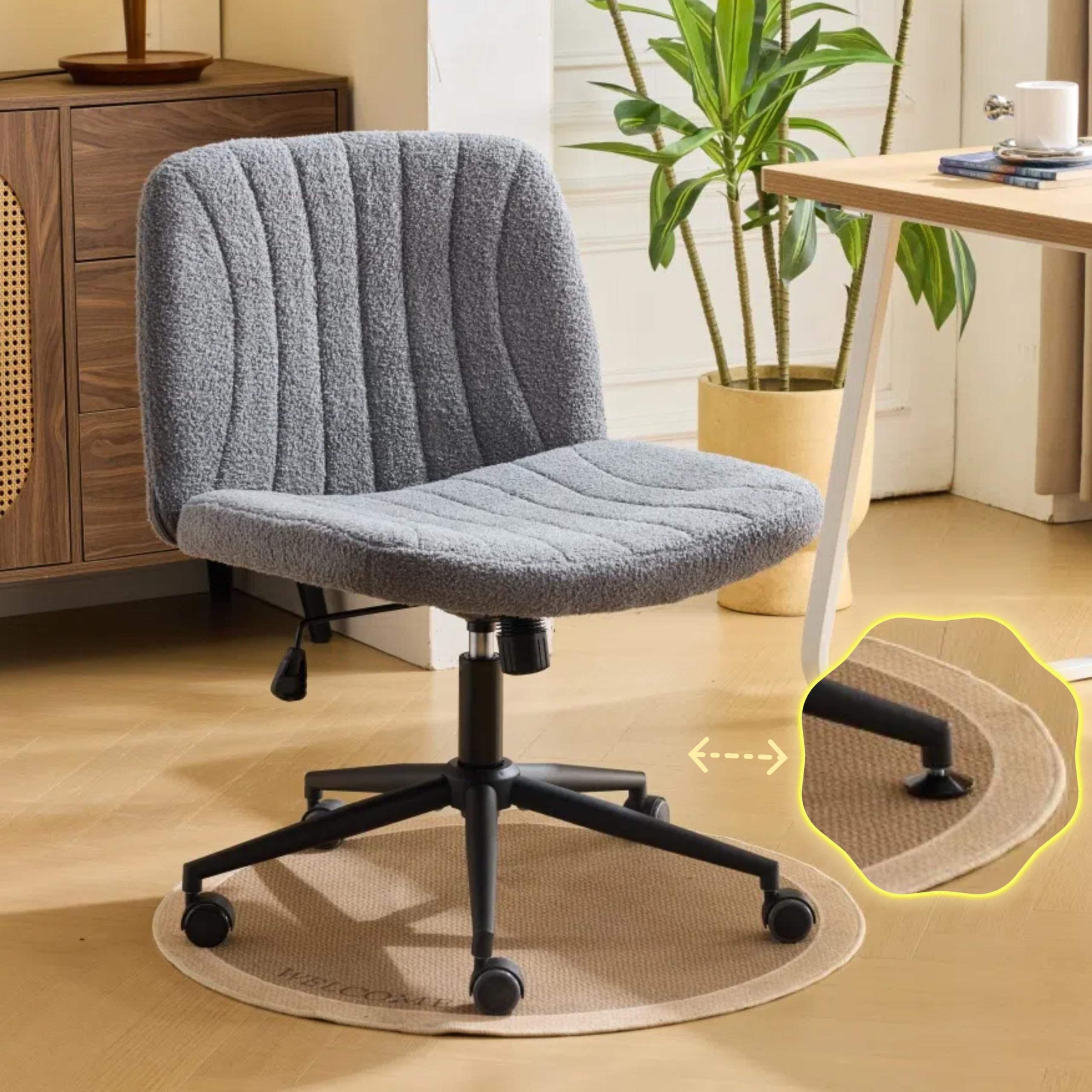 VINGLICriss Cross Legged Chair,Wide Comfy Office Desk Chair,Dual-Use with/no Wheels Computer Task Chair,Swivel Armless Vanity Boucle Chair for Study,Make Up,Home Office,Teddy Fleece,Dark Grey