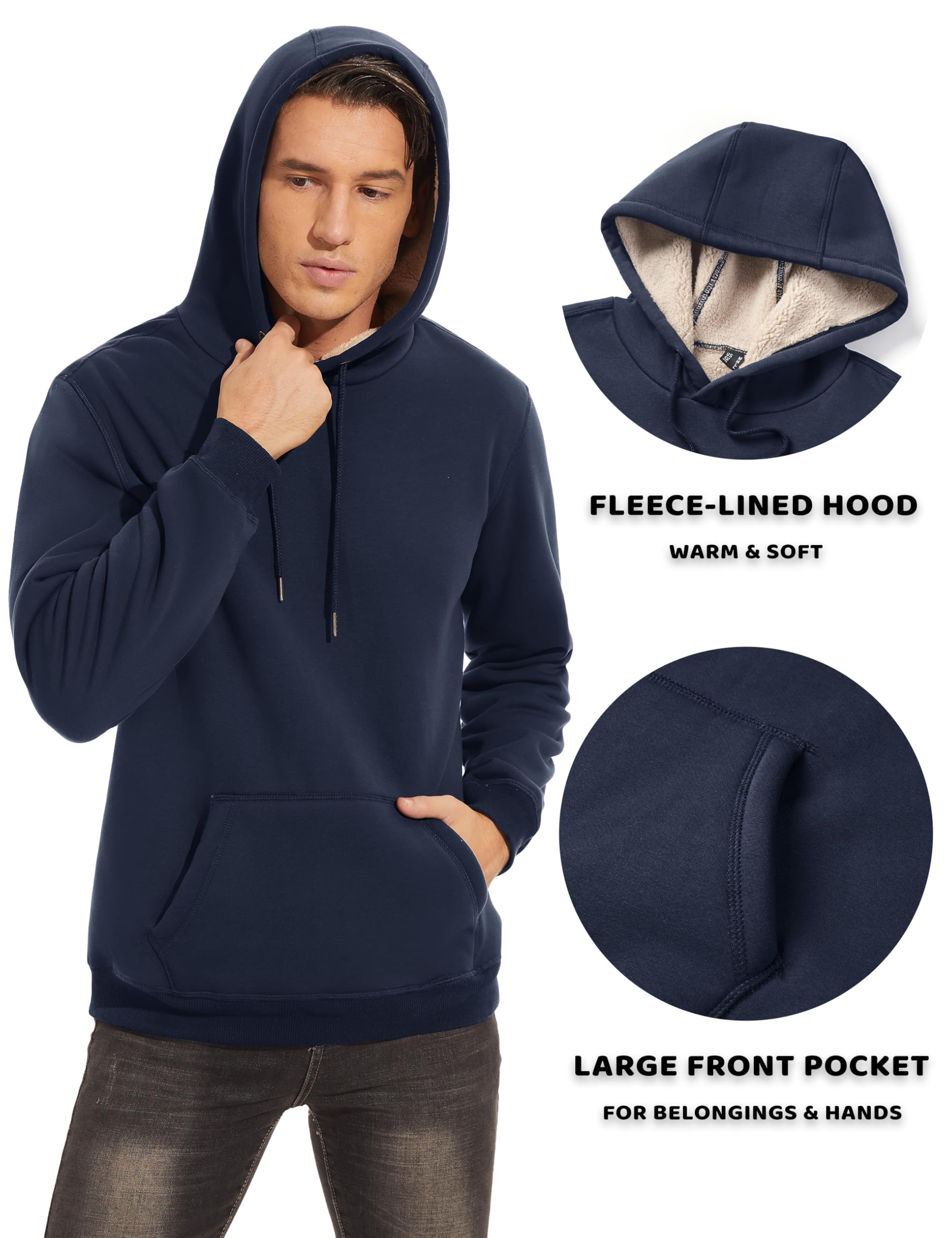 KEFITEVD Herren Pullover Hoodie Dicke Schwergewicht Sherpa gefüttert Känguru Tasche Winter Winddicht Warm Fleece Sweatshirt