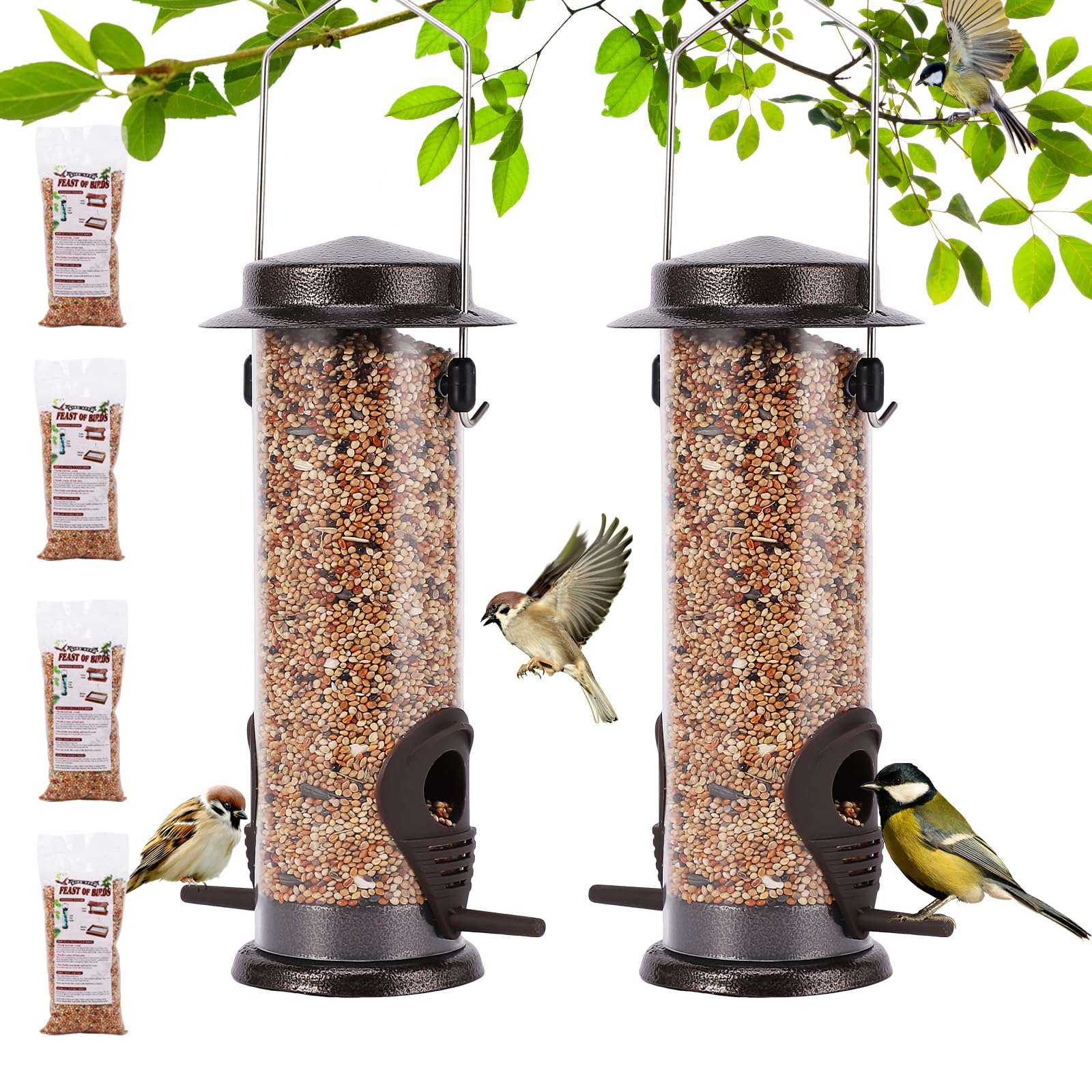 Bird Feeders with 4 Packs Birds Food Outdoors Hanging，Wild Bird Feeder with Hanger Hook Weather Resistant 9 Inches 2 Port（Bird Food is Included）