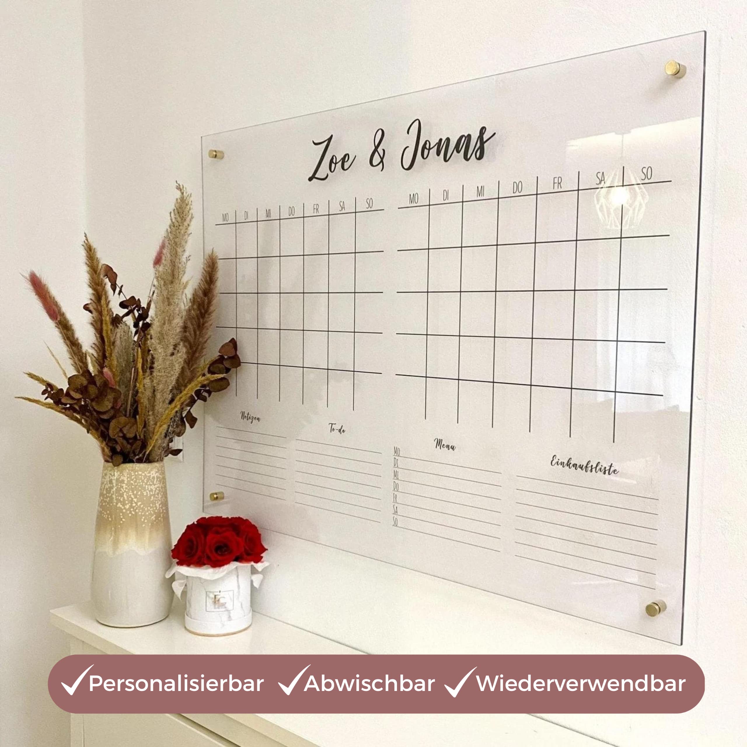personalisierter Wandkalender - 2 Monatsplaner - wiederverwendbarer Kalender aus Acrylglas - Familienplaner abwischbar für die ganze Familie