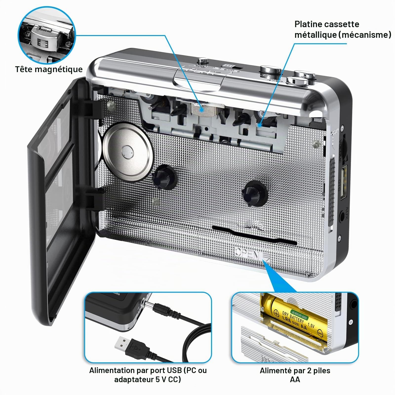 Rybozen Lecteur de Cassette, convertisseur de Cassette USB Portable vers MP3, Walkman Audio Music Tape vers Lecteur convertisseur numérique avec écouteurs, enregistrer dans Une clé USB, Aucun PC