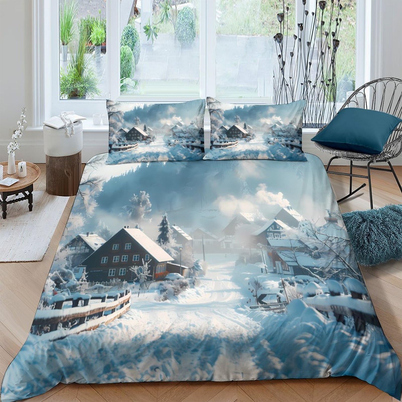 Ctjqhvkz Style-6 3D Printed Winter Village Fitted Sheet Microfiber Soft Blue Snow Scene Bed Cover For Bedroom Guest Room Decor Single（135X200cm）