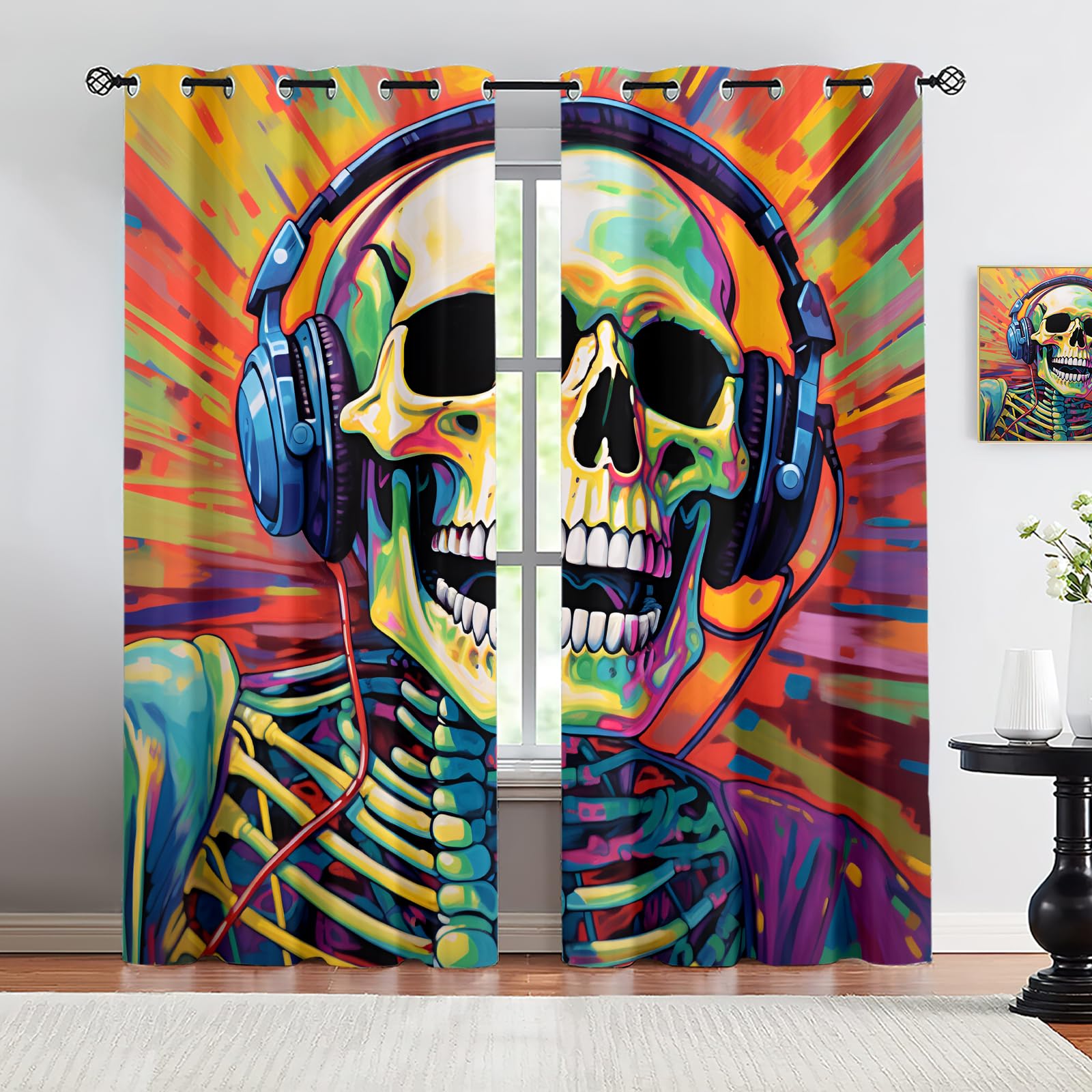 HYGIUID Music Skull Curtains for Girls Bedroom, Modern Punk Rock Headphones Thermal Blackout Curtains Modern Curtains for Beautifying Space and Protecting Furniture, 66.1" x 72", 2 Panels