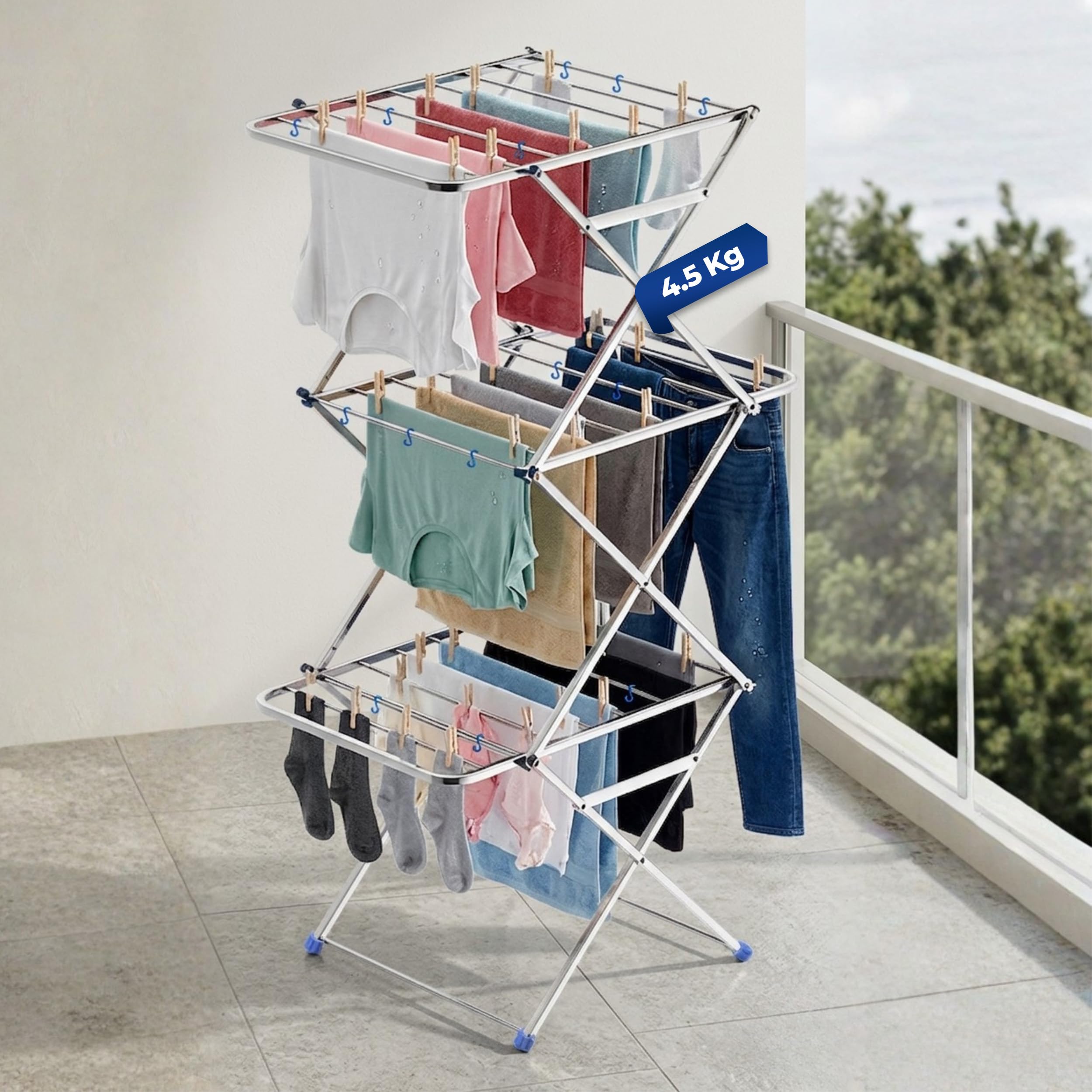 HAVAI DryNest 4.5 KG Heavy Duty Clothes Drying Stand | 40 KG Load Capacity | 3-Tier Zig-Zag Foldable Stainless Steel Airer | Rust Proof Laundry Rack for Balcony & Indoor Use-image-22