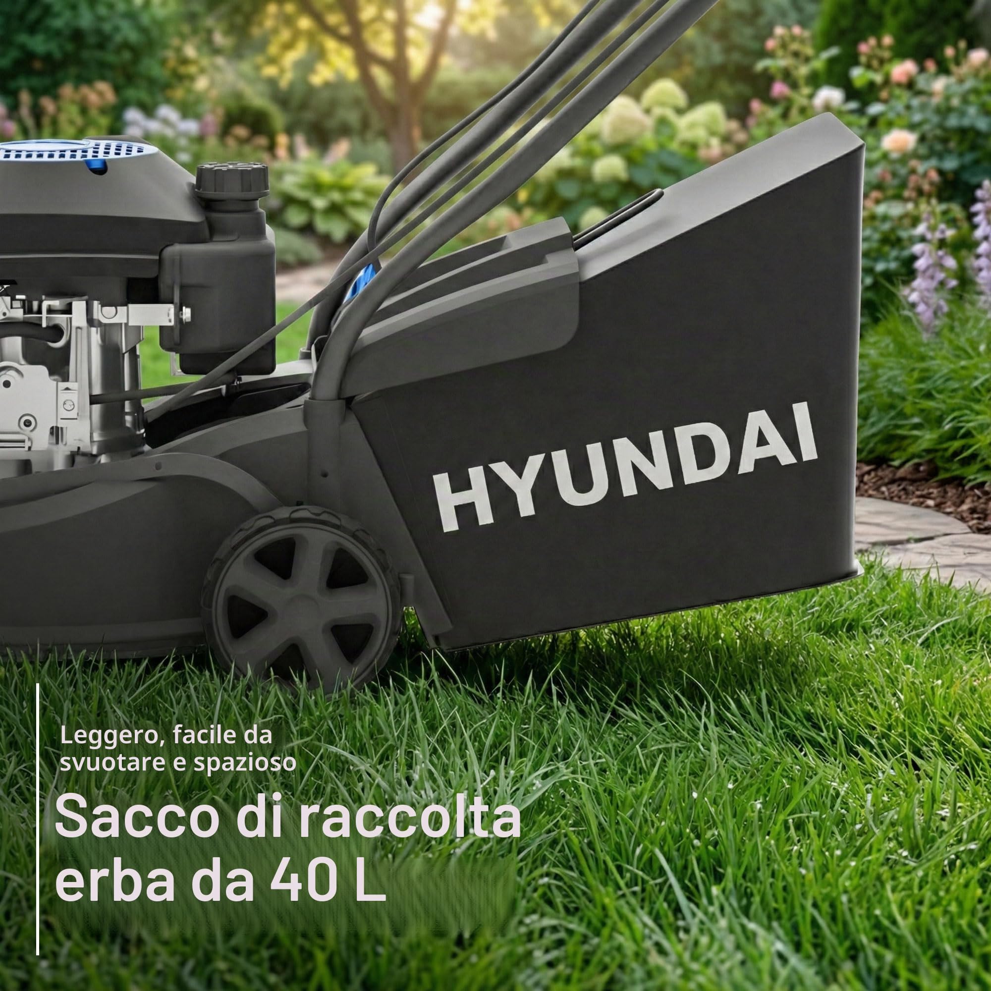 Hyundai Tosaerba a benzina, larghezza di taglio 39 cm, motore 131 cc, sacco di raccolta da 35 litri e scarico posteriore, spinta manuale, edizione nera