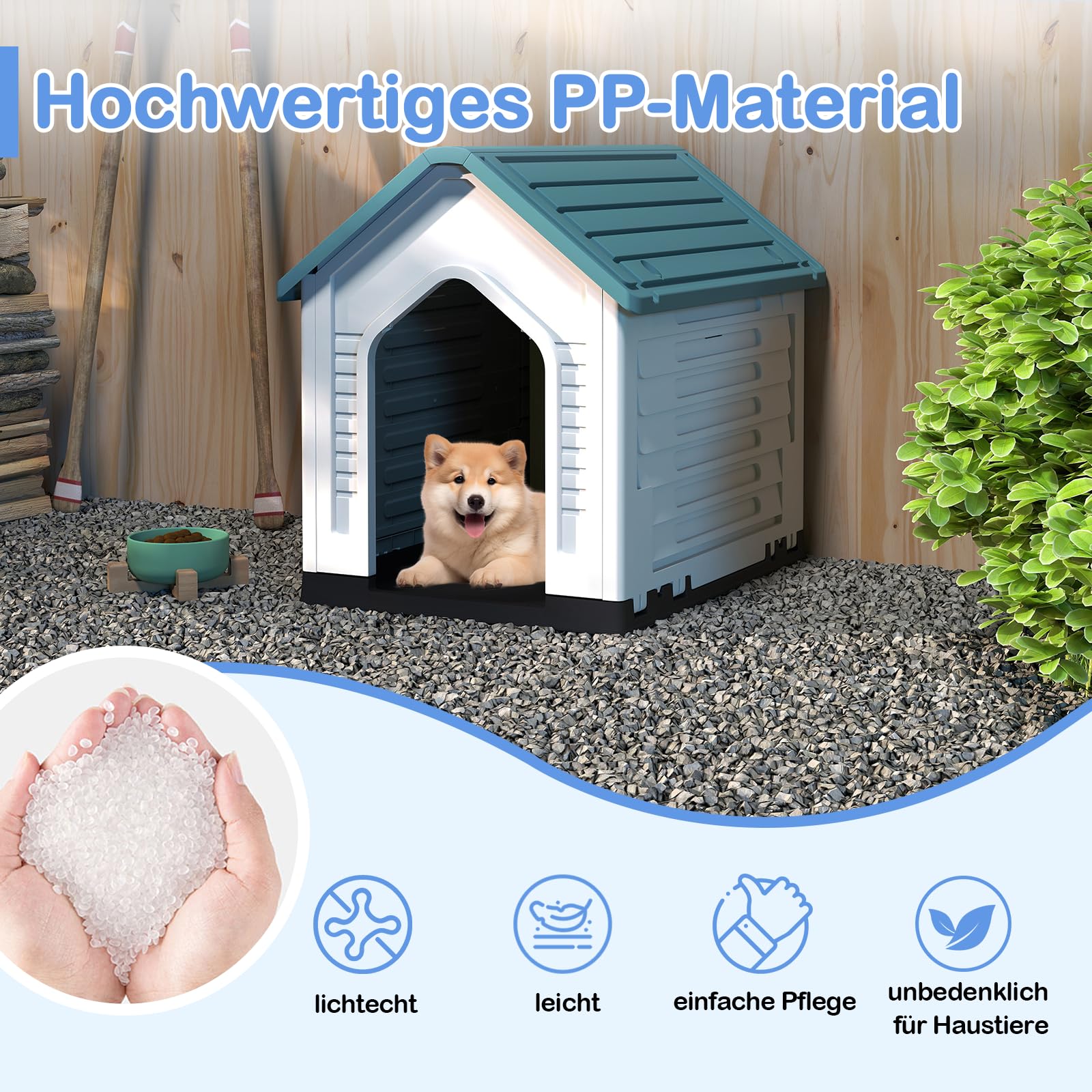 GOPLUS Hundehütte Outdoor, Hundehütte wetterfest mit verschließbarer Gittertür & erhöhter Boden, Luftventile, Schrägdach, Hundekäfig Indoor, Haustierhaus Zuhause für Hunde & Katzen (Blau)