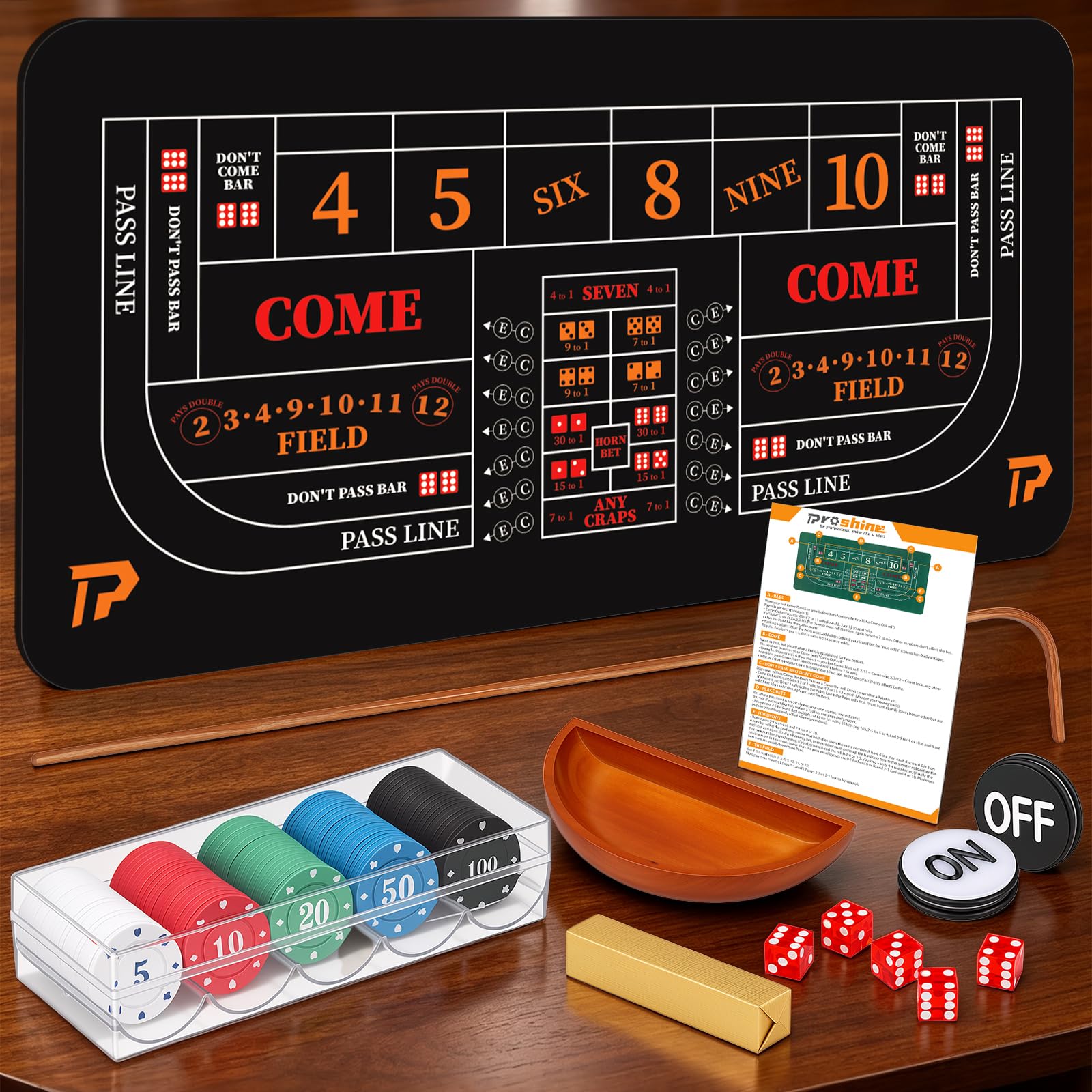 Proshine Craps Tabletop Game Set with 35 * 70" Rubber Layout Mat (Black)