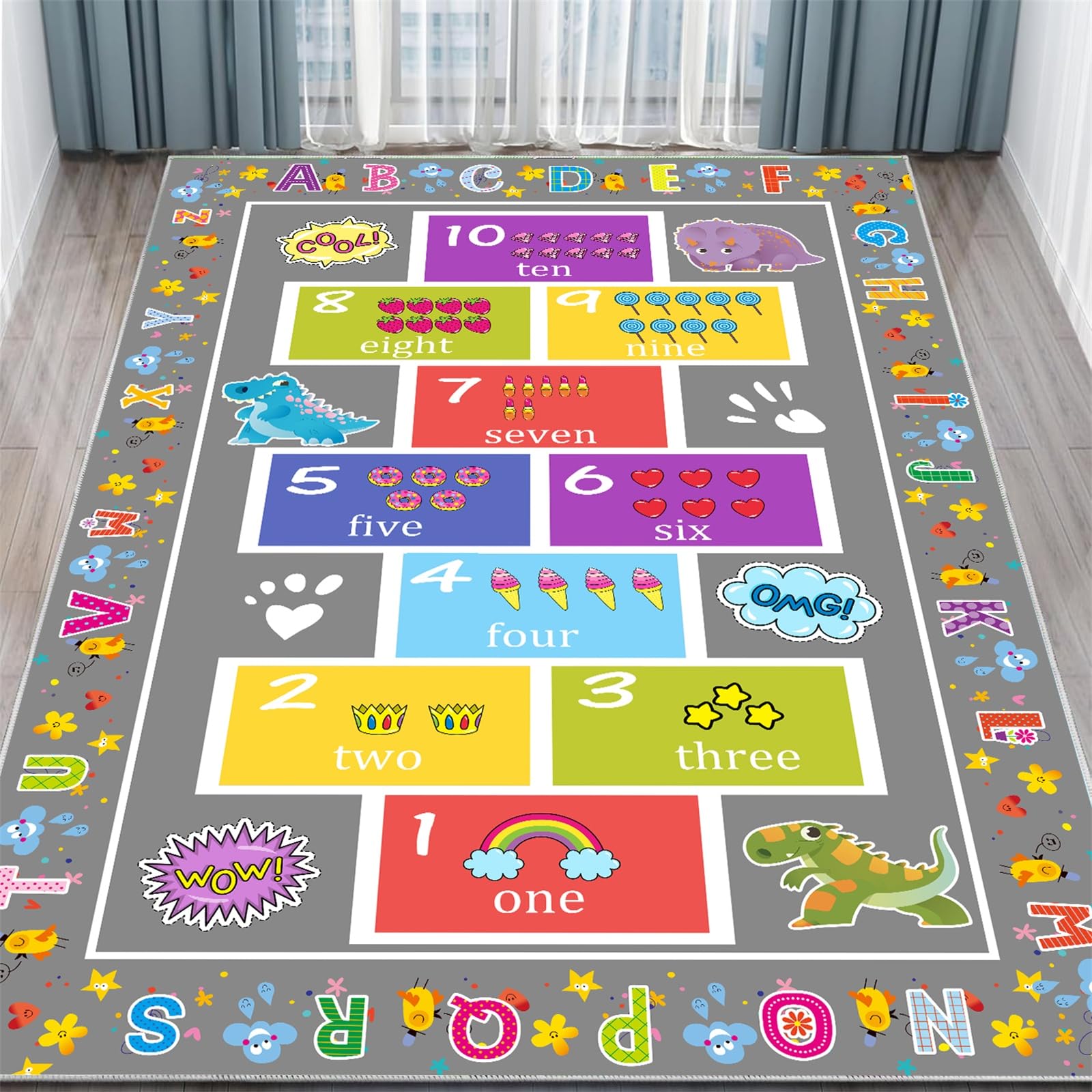 Arzunsy Educational Learning Rug 180x230cm, ABC Alphabet Numbers Shapes & Animal Play Mat, Large Washable Non-Slip Low Pile Carpet for Classroom, Playroom, Bedroom