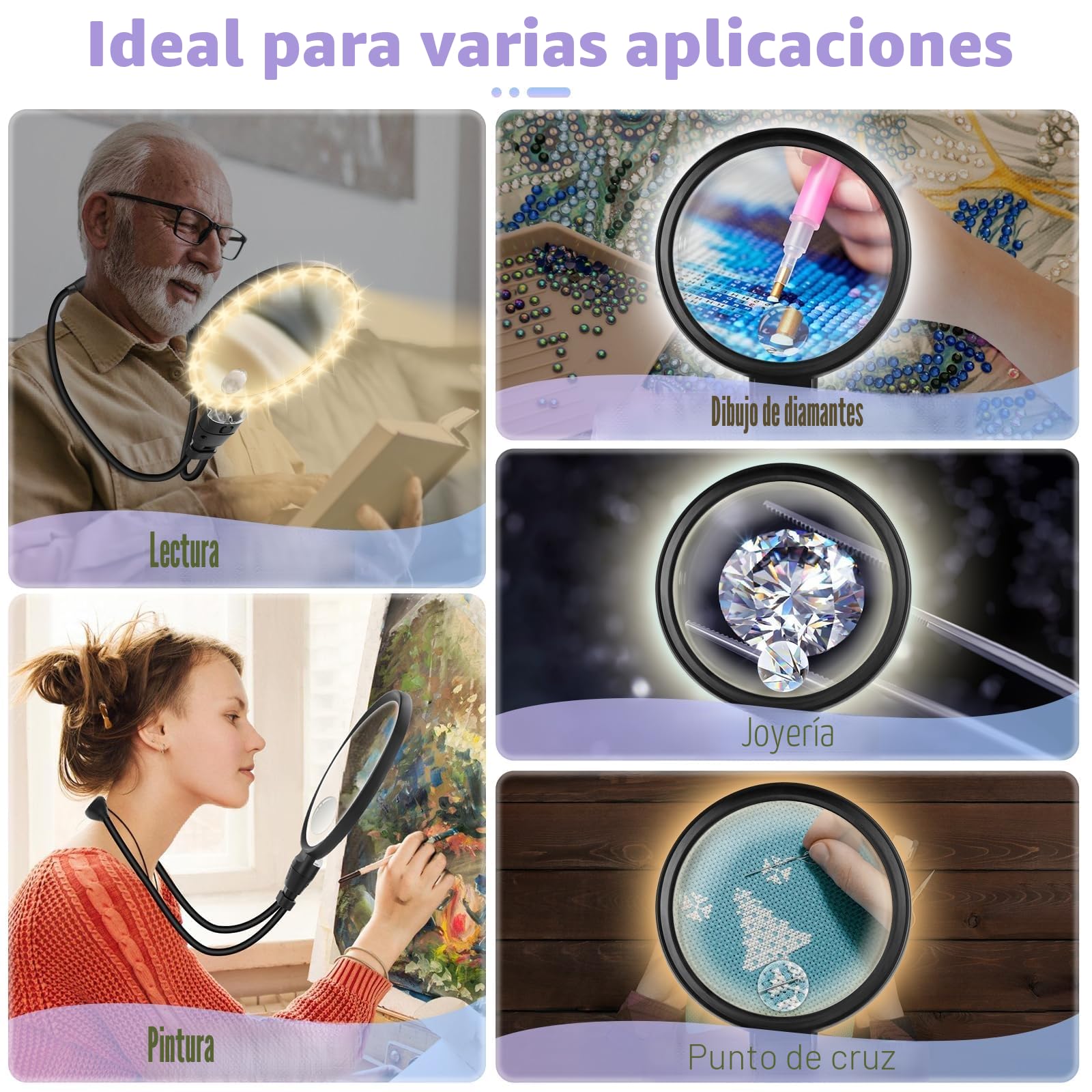NZQXJXZ 10X Lupa Manos Libres con Luz, Lupa con Luz Ajustable para Lectura Trabajo de Cerca, 3 Modos de Iluminación Cuello de Cisne Flexible Lupa HD Grande para Libros,Costura Mayores