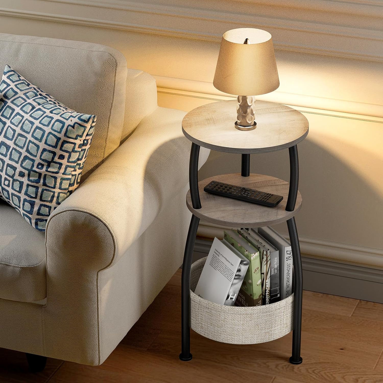 Round Side Table with Storage Basket –Small Space Saving End Table 3-Tier Coffee Table Bedside Corner Stand for Living Room, Bedroom, Garden and More 24in Tall Greige