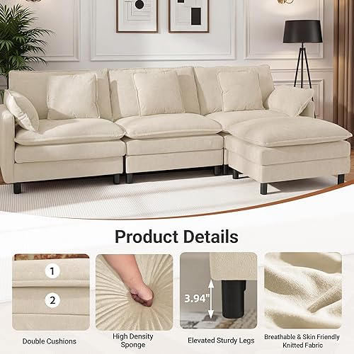 Miniatura 5 de YDN Sofá de 110 pulgadas, sofás seccionales para sala de estar, sofá nube con otomana móvil, juego de sofá modular en forma de L, color beige