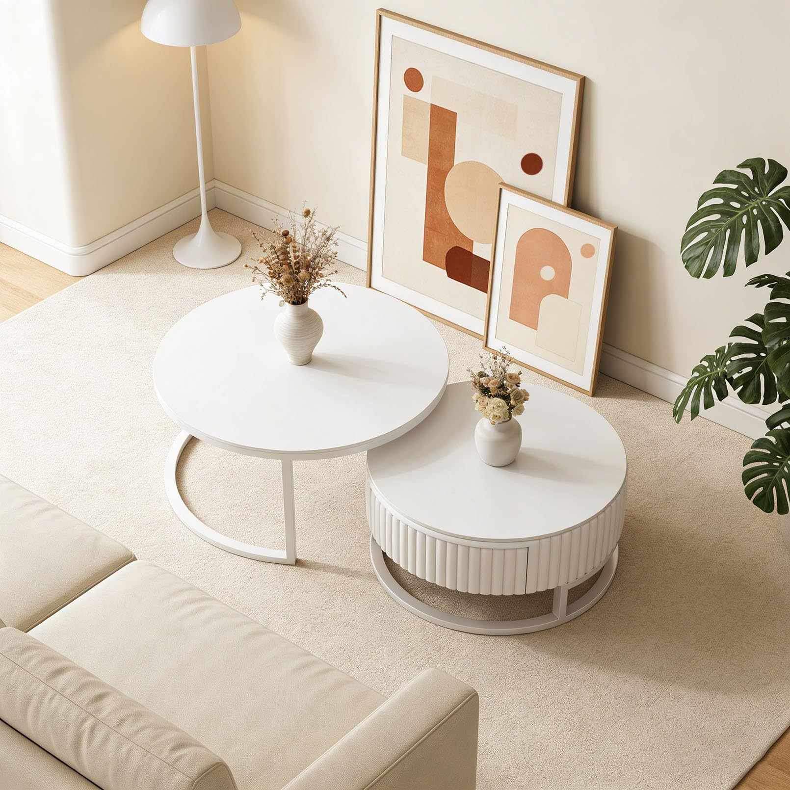 Redonda Mesa De Centro Salón Blanca Mesa Cafe Juego De 2 Mármol Mesita Auxiliar Salón con Cajon 50+70cm Mesas Nido para Salon Dormitorio Oficina con Estructura De Metal Fácil De Montar