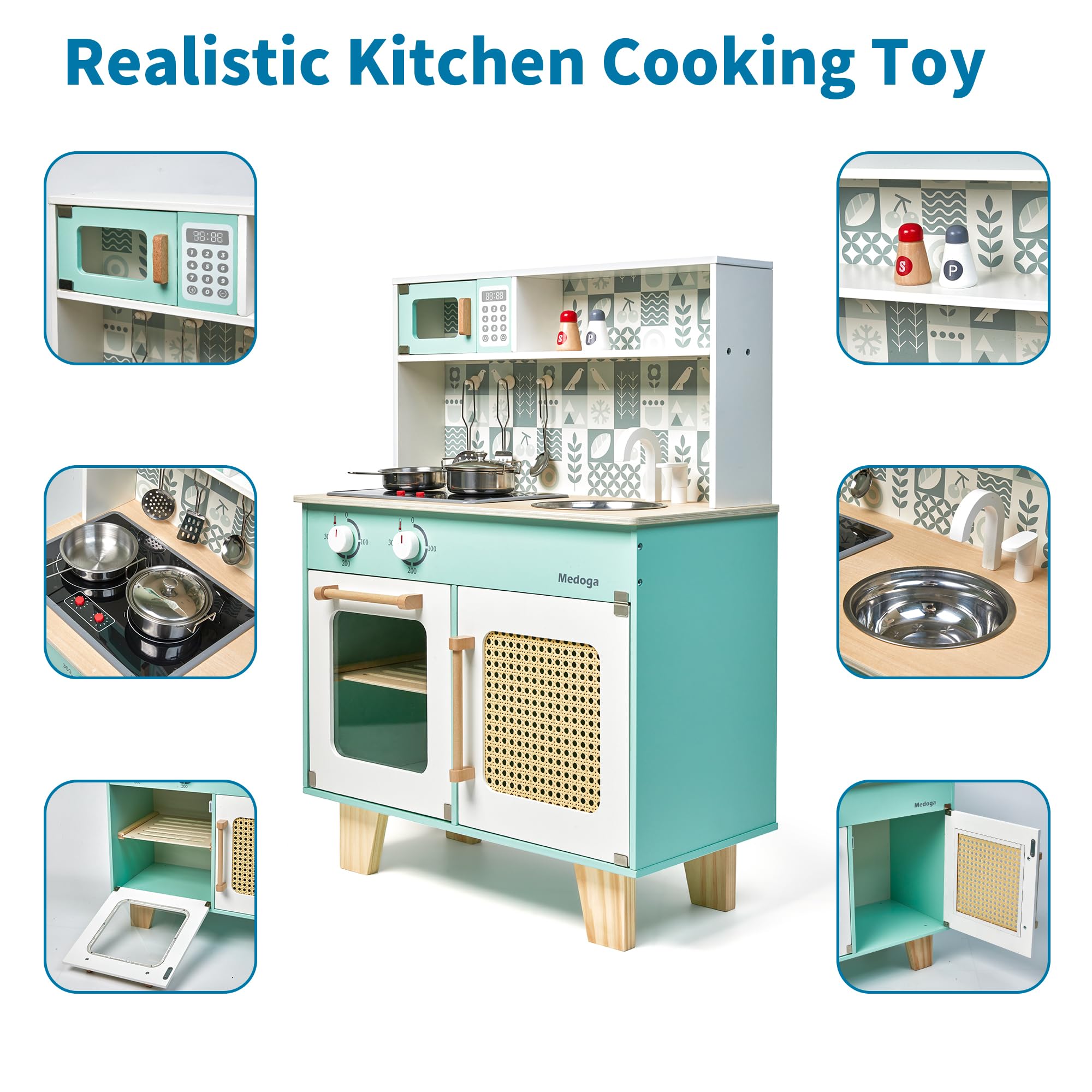 Set da cucina in legno, set da cucina per bambini dai 3 anni in su, con luci e suoni reali, set da cucina giocattolo per bambini con 8 accessori per pentole, regalo giocattolo per ragazze e ragazzi