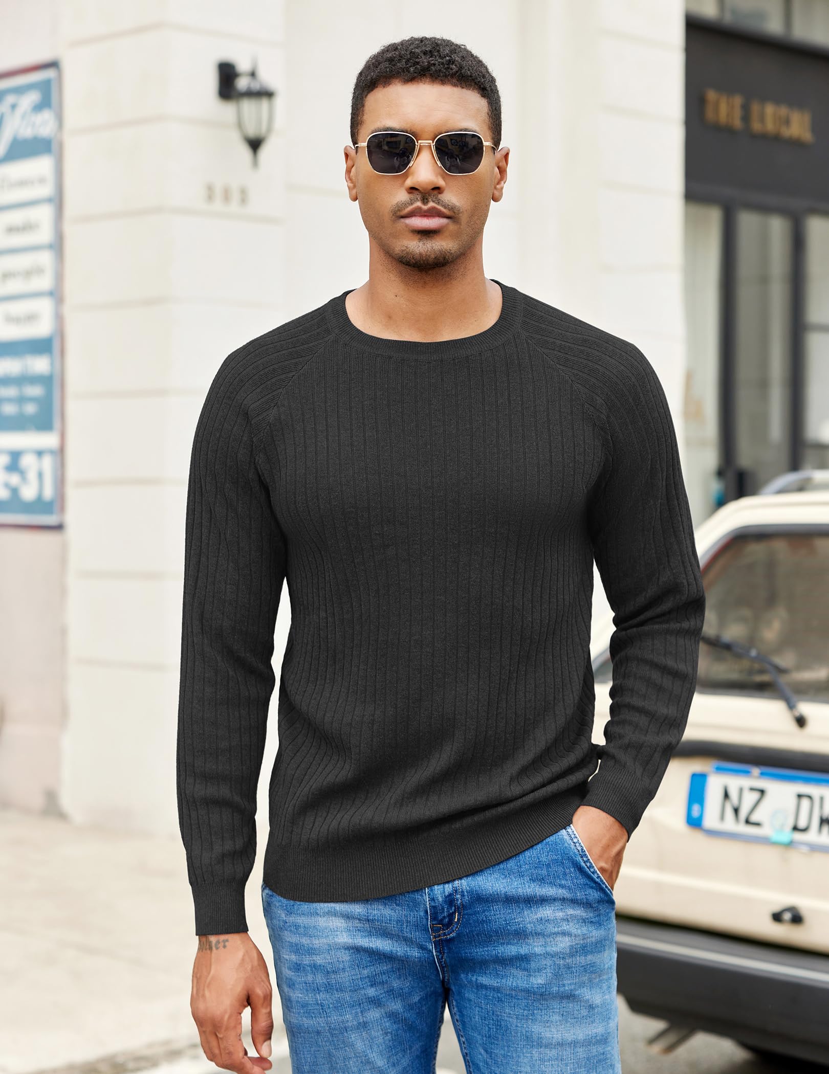 COOFANDY Maglione da uomo a maniche lunghe girocollo slim fit business casual pullover maglione, Striscia sottile nera, L