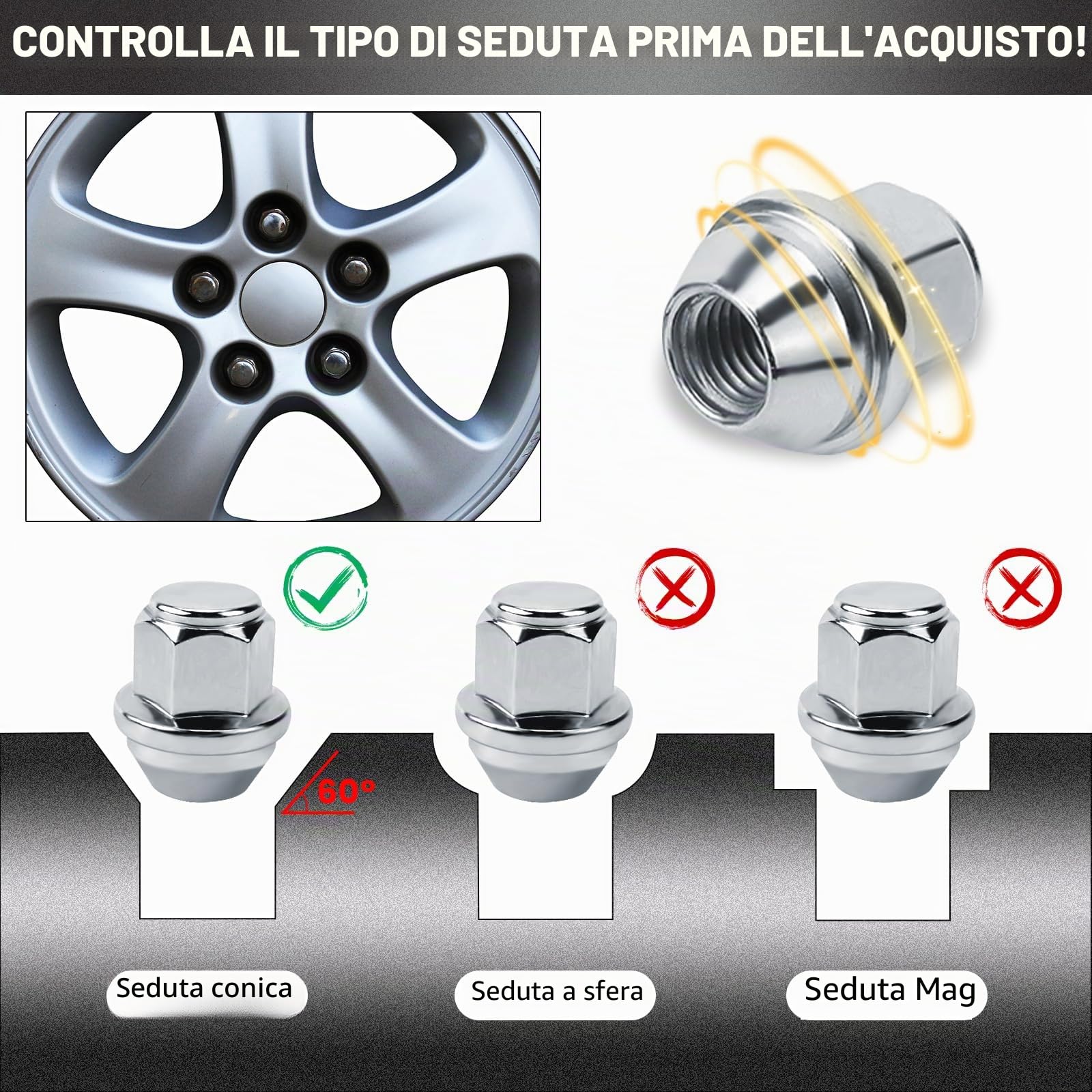 20 pezzi Dadi per Ruota con Cappuccio Cromato Viti Cappuccio Chiuso a Sede Conica 60° Dadi per Ruota M12x15 per la maggior parte di Ford Fiesta Focus Fusion (B-M12X1.5, Argento)