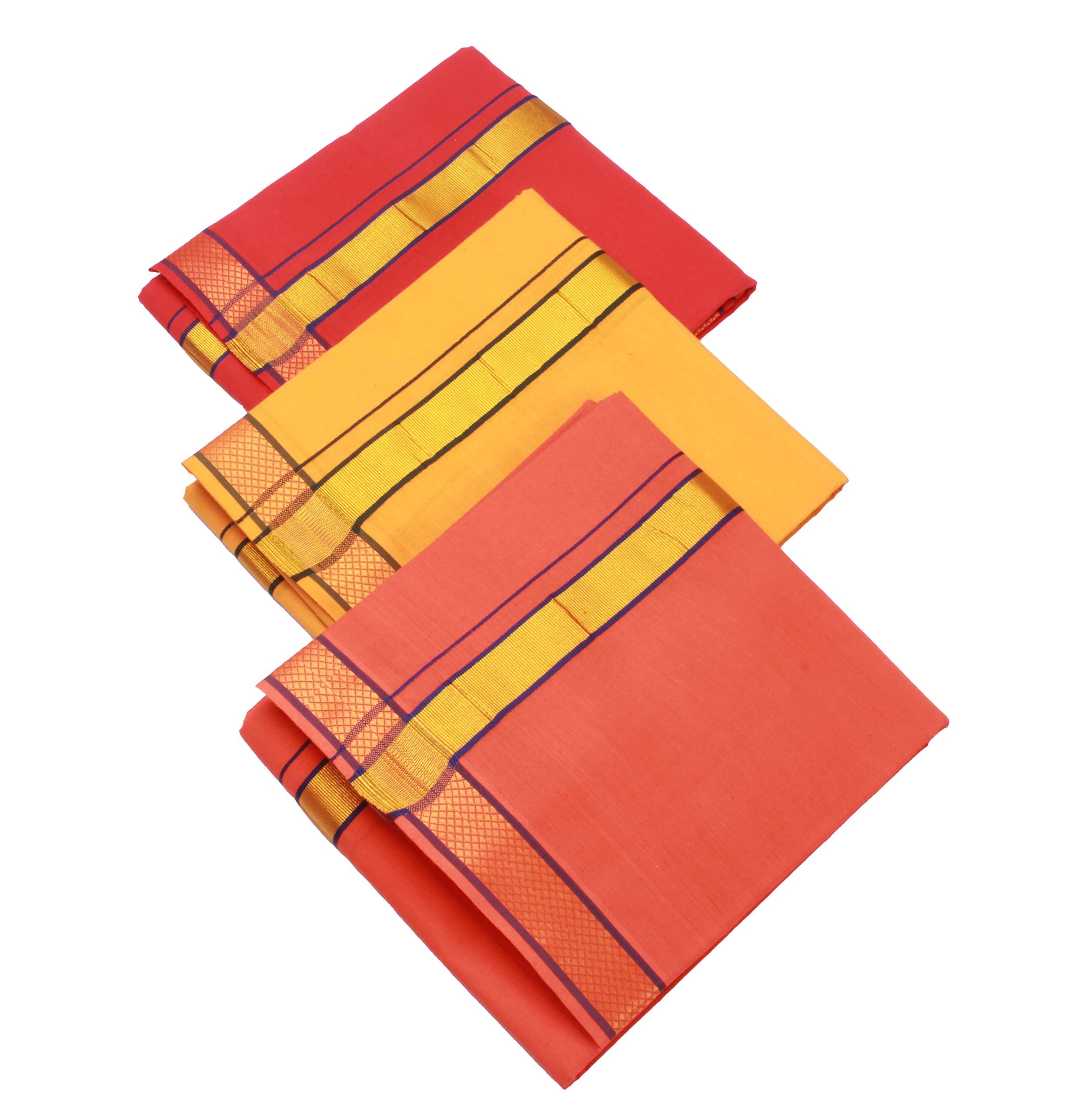 tharunsha elite Men’s Single Dhoti 100% Cotton Thalapathy Border 2.25 Mtrs Temple Wear Dhoti/Veshti/Mundu Combo set of 3 pc-Saffron-Yellow-Red-picture-23