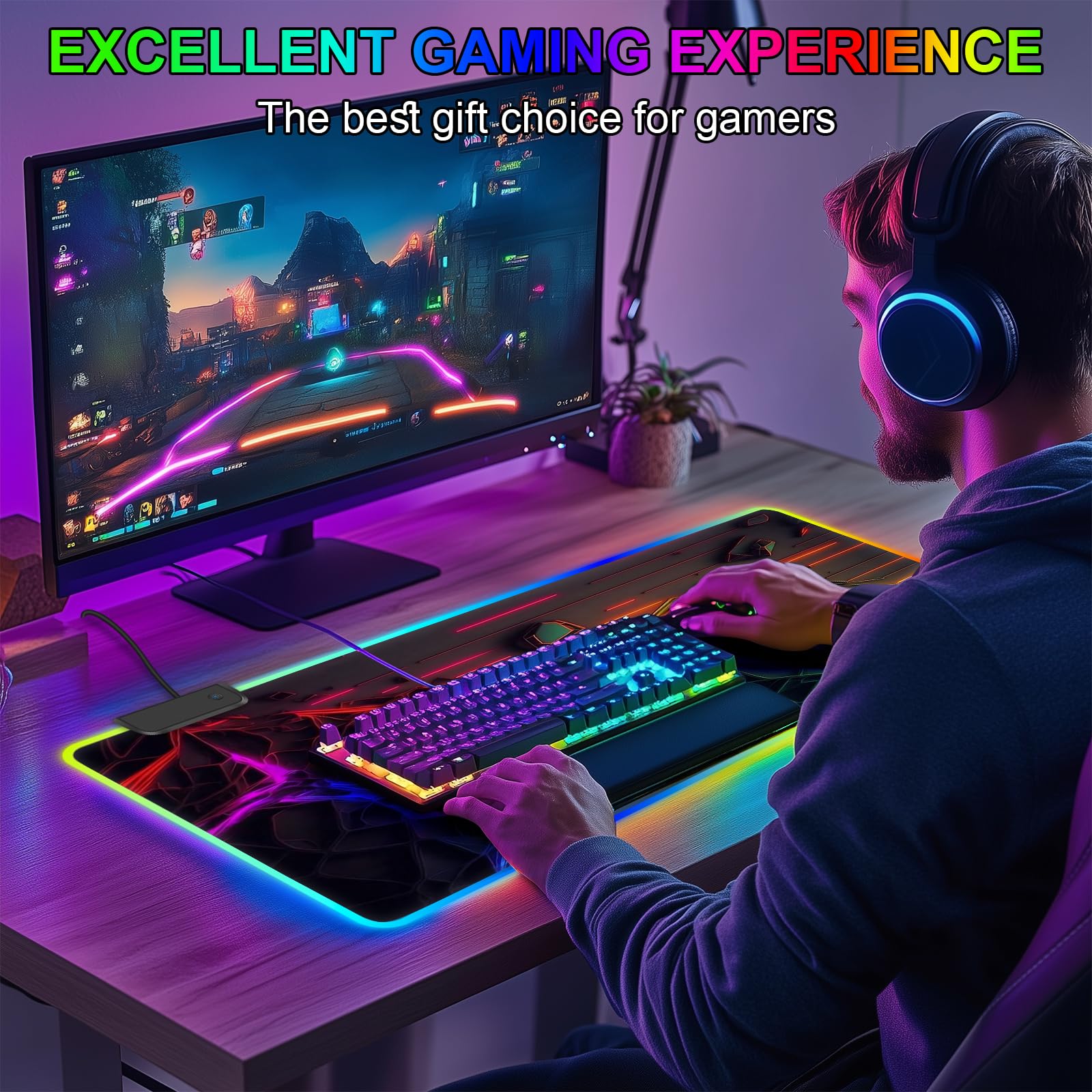 Tappetino per mouse RGB da gioco, grande tappetino da scrivania con luce LED, 13 modalità di illuminazione, controllo touch, morbido, esteso, con base in gomma antiscivolo, per scrivania per ufficio e