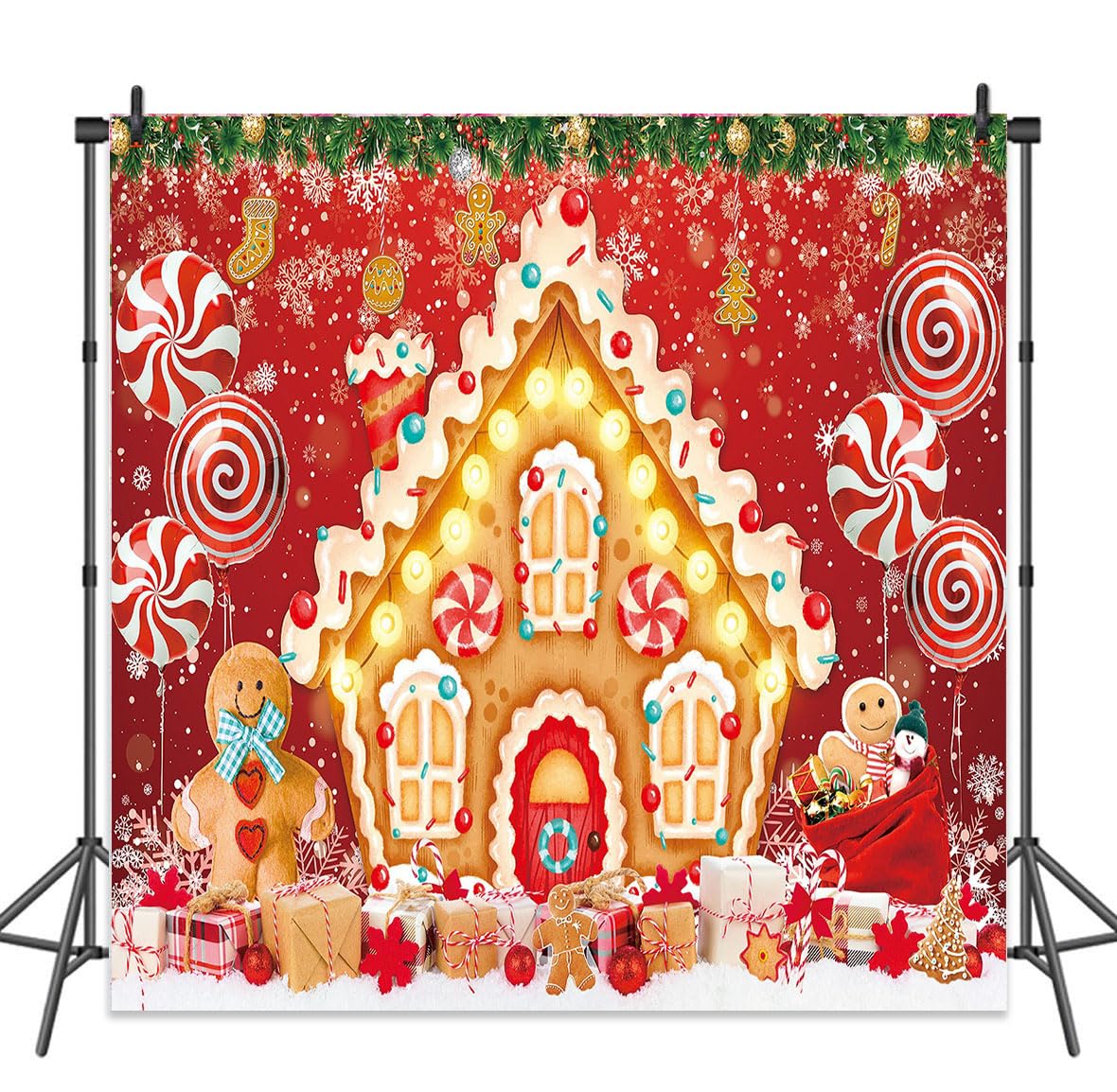 8x8FT Christmas Gingerbread House Backdrop Merry Xmas Red Candy House Cookie Snowflake Background for Kids Home Party Santa Baby Shower Photo Props