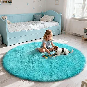 Soft Round Area Rug for Kids Bedroom, Fluffy Fuzzy Shaggy Rug 5'X5'for Living Room, Non Slip Circle Plush Rug for Girls Room Nursery Dorm Decor,Light Blue