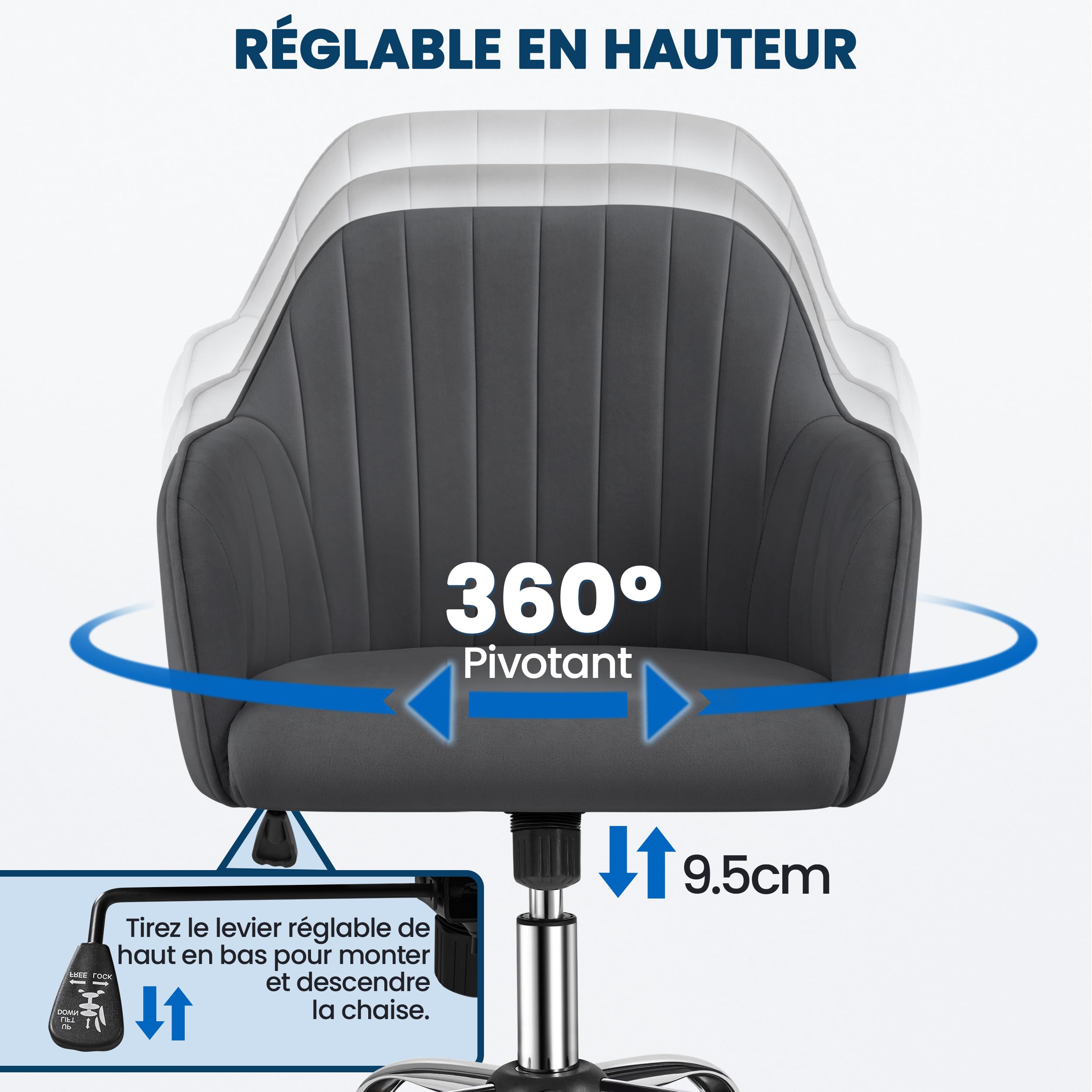 Yaheetech Chaise de Bureau Fauteuil Inclinable Rotative 360° Velours Hauteur Réglable Gris