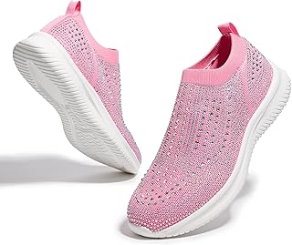 BELOS Women's Rhinestone Mesh Slip On Walking Shoes Fashion Breathable Spakle Glitter Sneaker