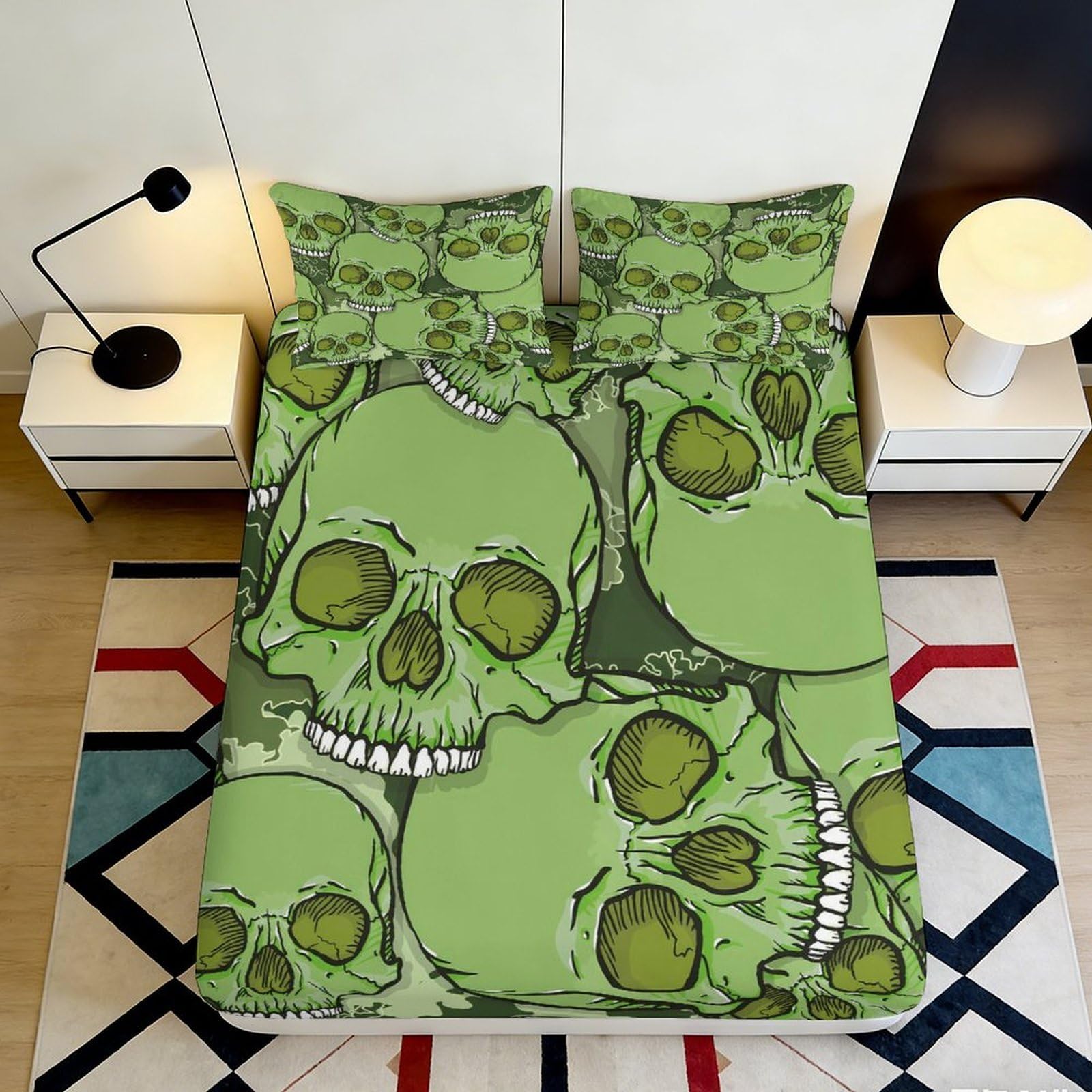 3D Printed Green Skull Fitted Sheet Microfiber Soft Anti-Slip Gothic Skeleton Bed Cover for Bedroom Dorm Easy Care 90x200x25cm