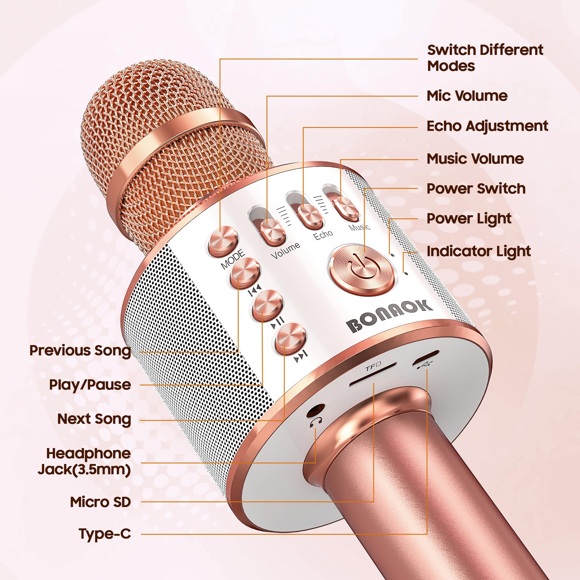BONAOK Wireless Bluetooth Karaoke Microphone,3-in-1 Portable Handheld Karaoke Mic Speaker Machine Home Party Birthday for All Smartphones PC(Q37 Rose Gold) — Amazon image 5