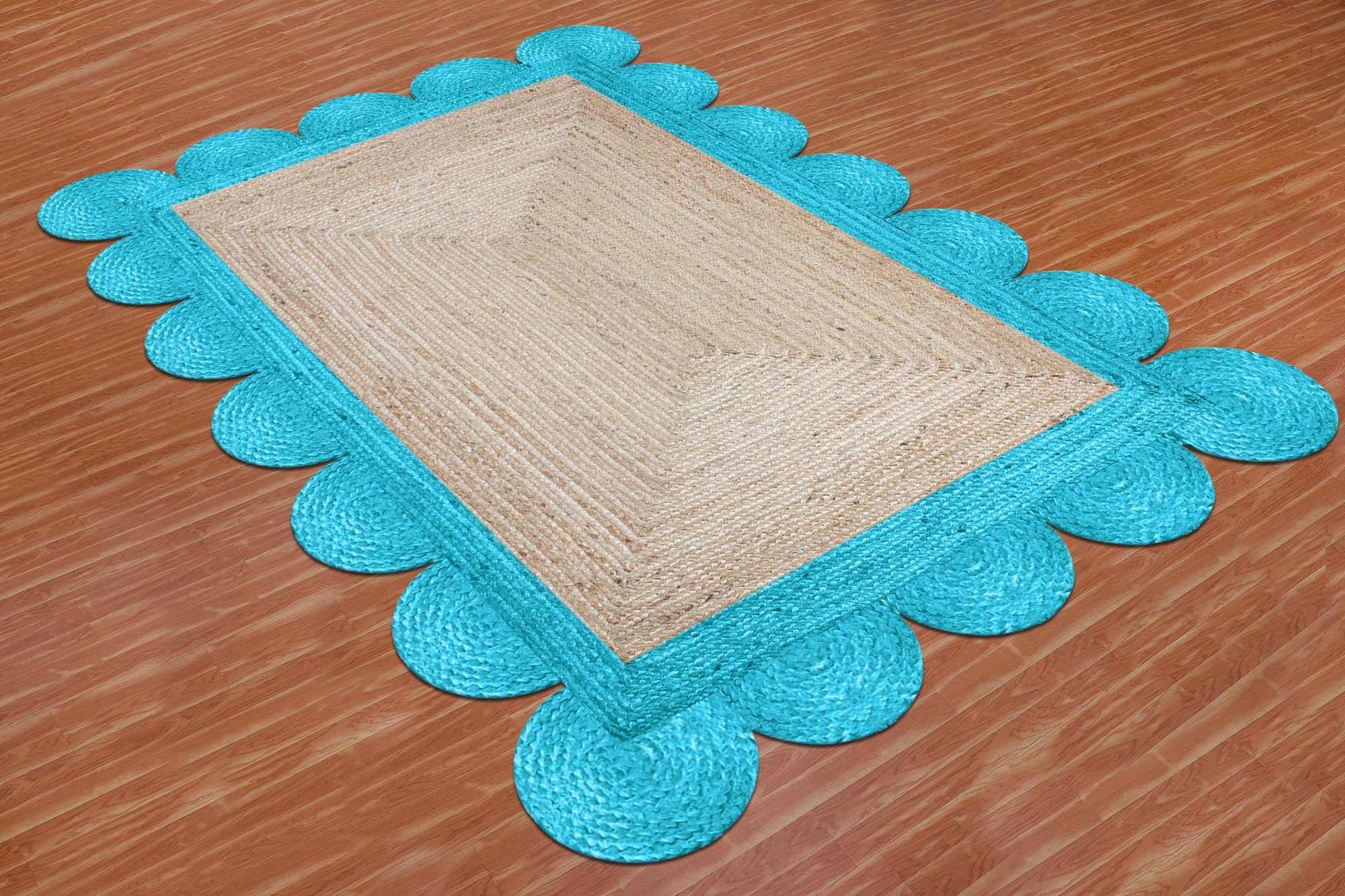 Gewellter Läuferteppich, natürlicher Juteteppich, 2 x 10, Beige & türkisfarbene Basis, gewebtes Flachgewebe für drinnen, draußen, Flur, Balkon, Eingangsbereich, Bauernhaus