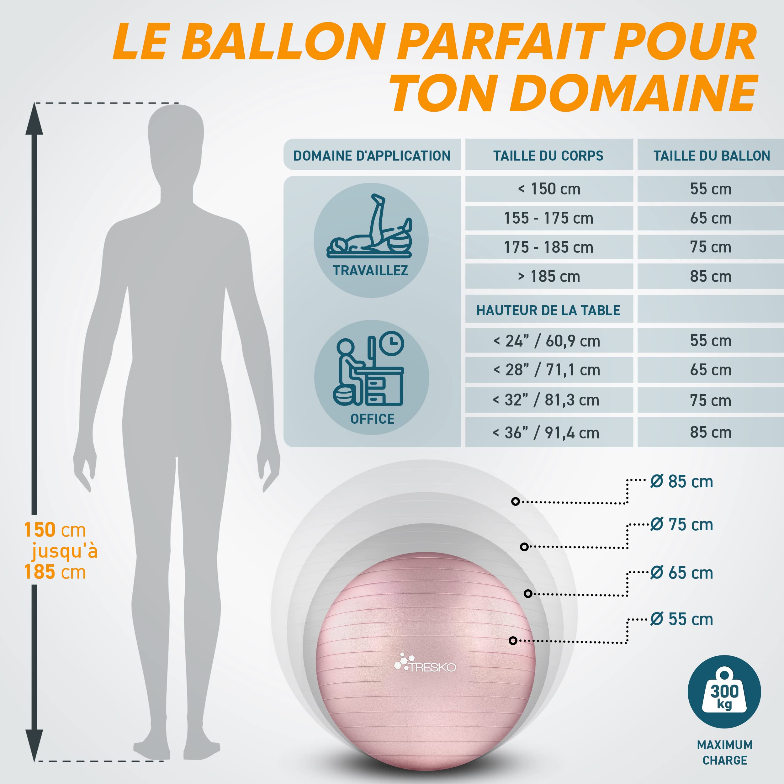TRESKO Ballon de Gymnastique Anti-éclatement 300 kg avec Pompe à air