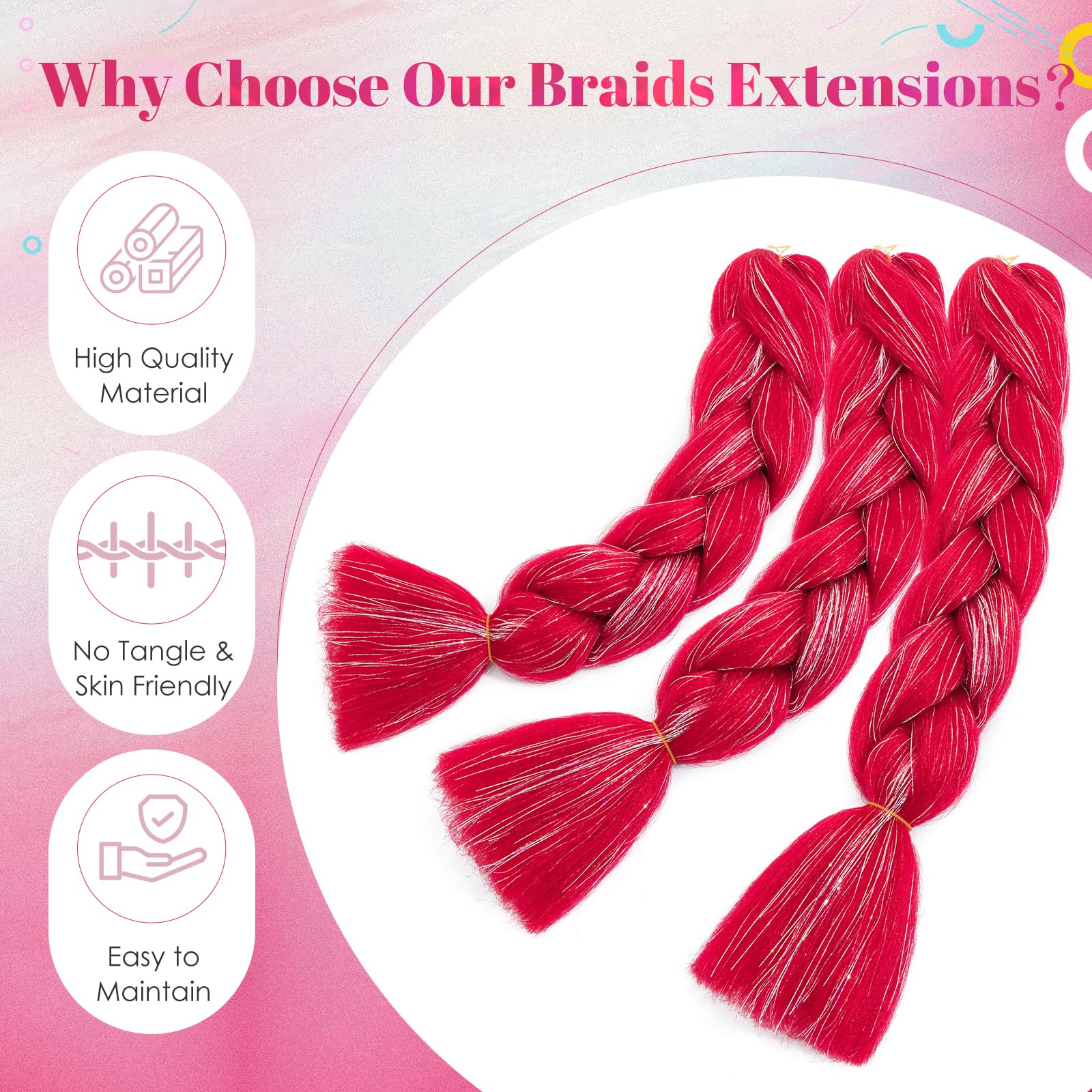 Benehair 24 Inches Braiding Hair Sparkly Braids Extensions Hair with Tinsel Mashup Colorful Synthetic Hair for Braid Hair Extensions for Women(Red - Image 4