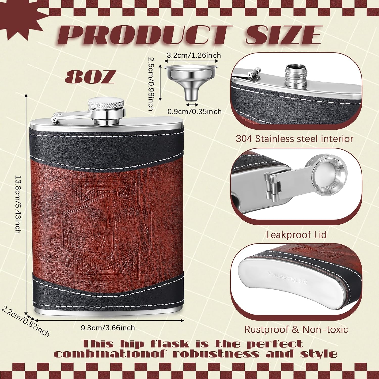 Baderke Leather 8 oz Flask for Men Groomsmen Gift, Black, Brown, Letter J