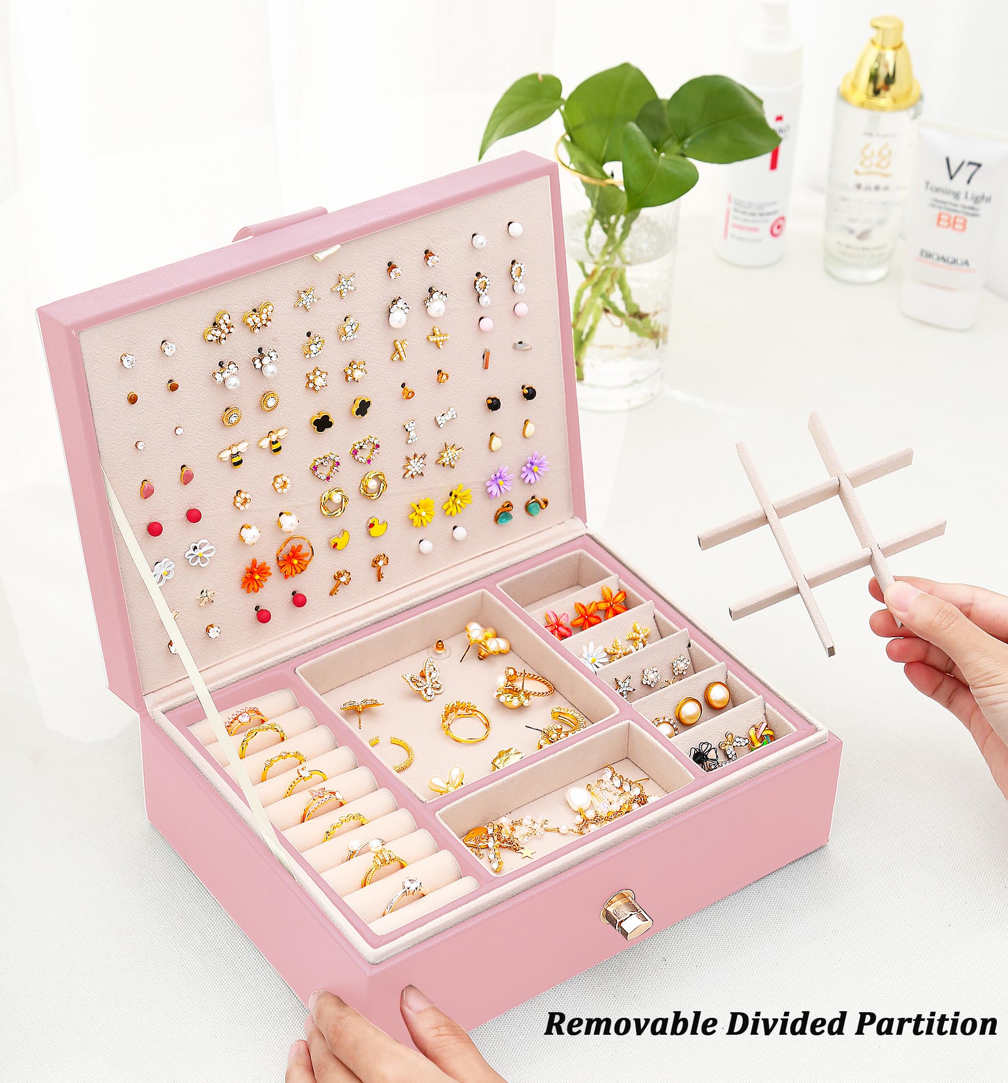 Girls Jewelry Box Earring Holder Organizer for Girls Earring Organizer Teen Jewelry Box Organizer for Girl Pink jewelry Boxes for Earrings Necklaces Rings Stud Earrings Box Organizers Teens